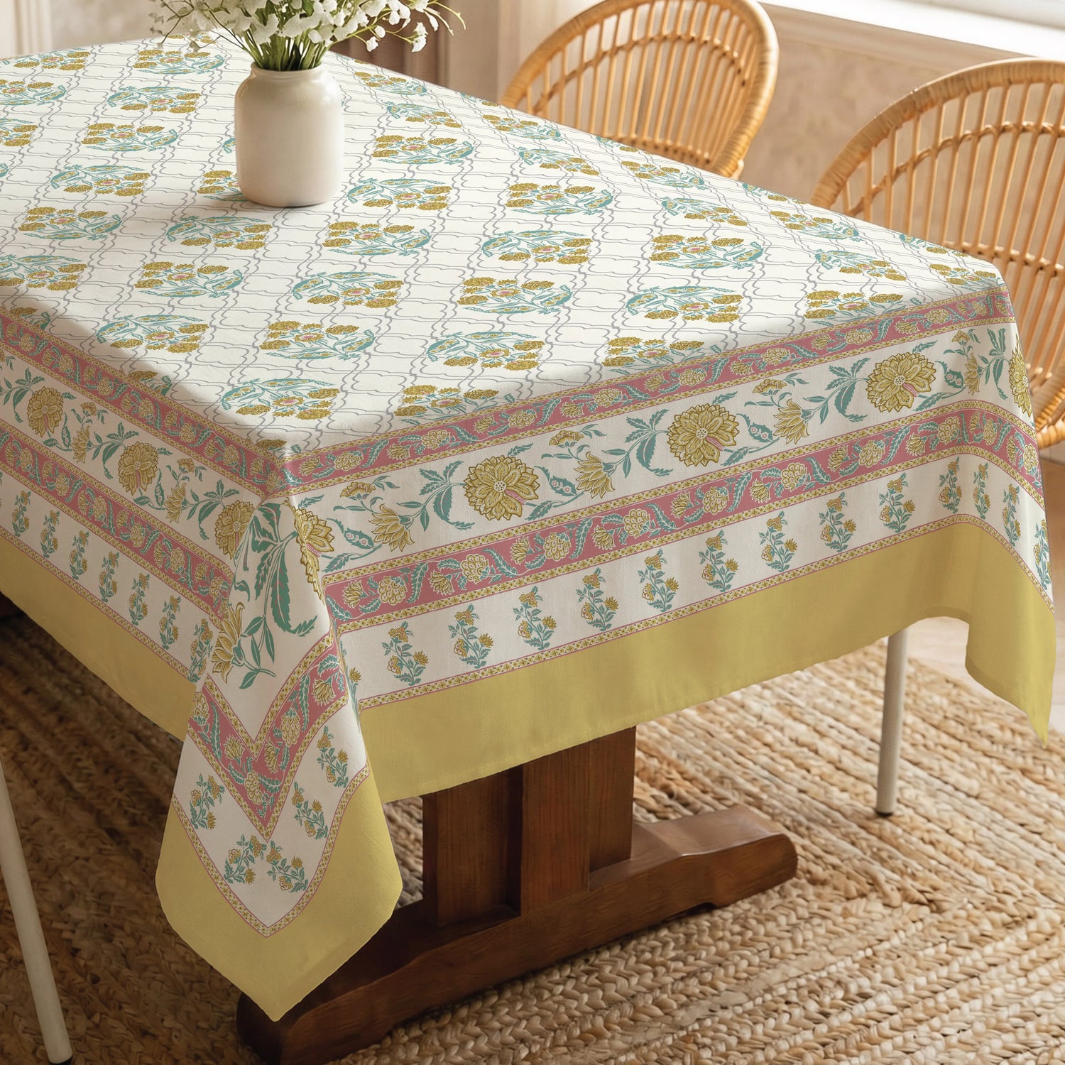 100% Cotton Table cloth/ table cover for 4 or 6 seater Dining / Centre Table - Amberjaal Yellow