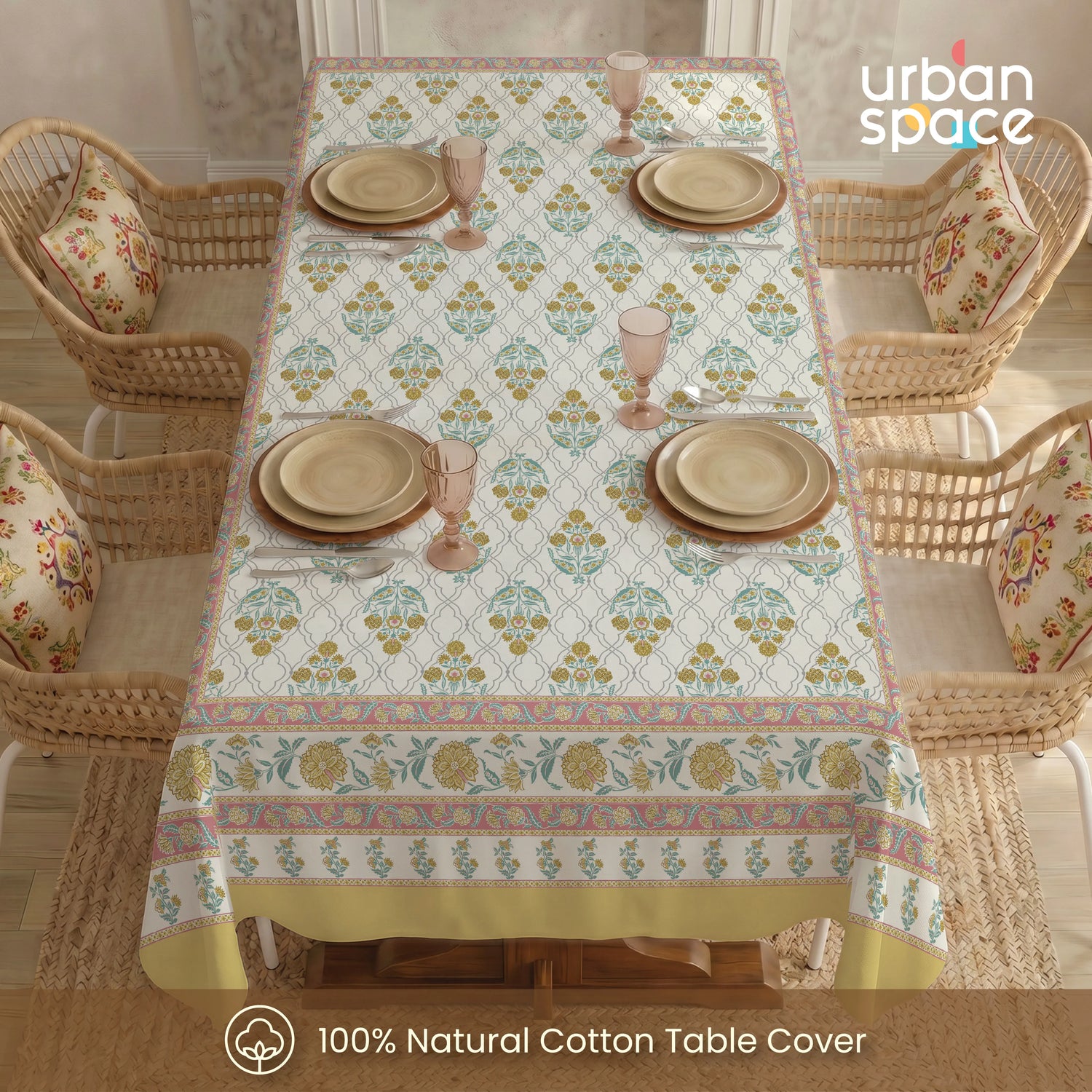 100% Cotton Table cloth/ table cover for 4 or 6 seater Dining / Centre Table - Amberjaal Yellow