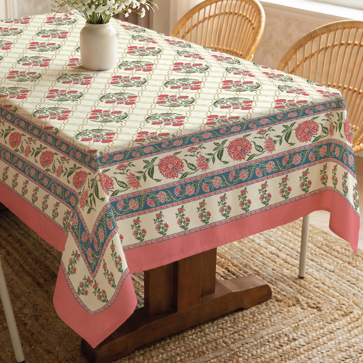 100% Cotton Table cloth/ table cover for 4 or 6 seater Dining / Centre Table - Amberjaal Pink