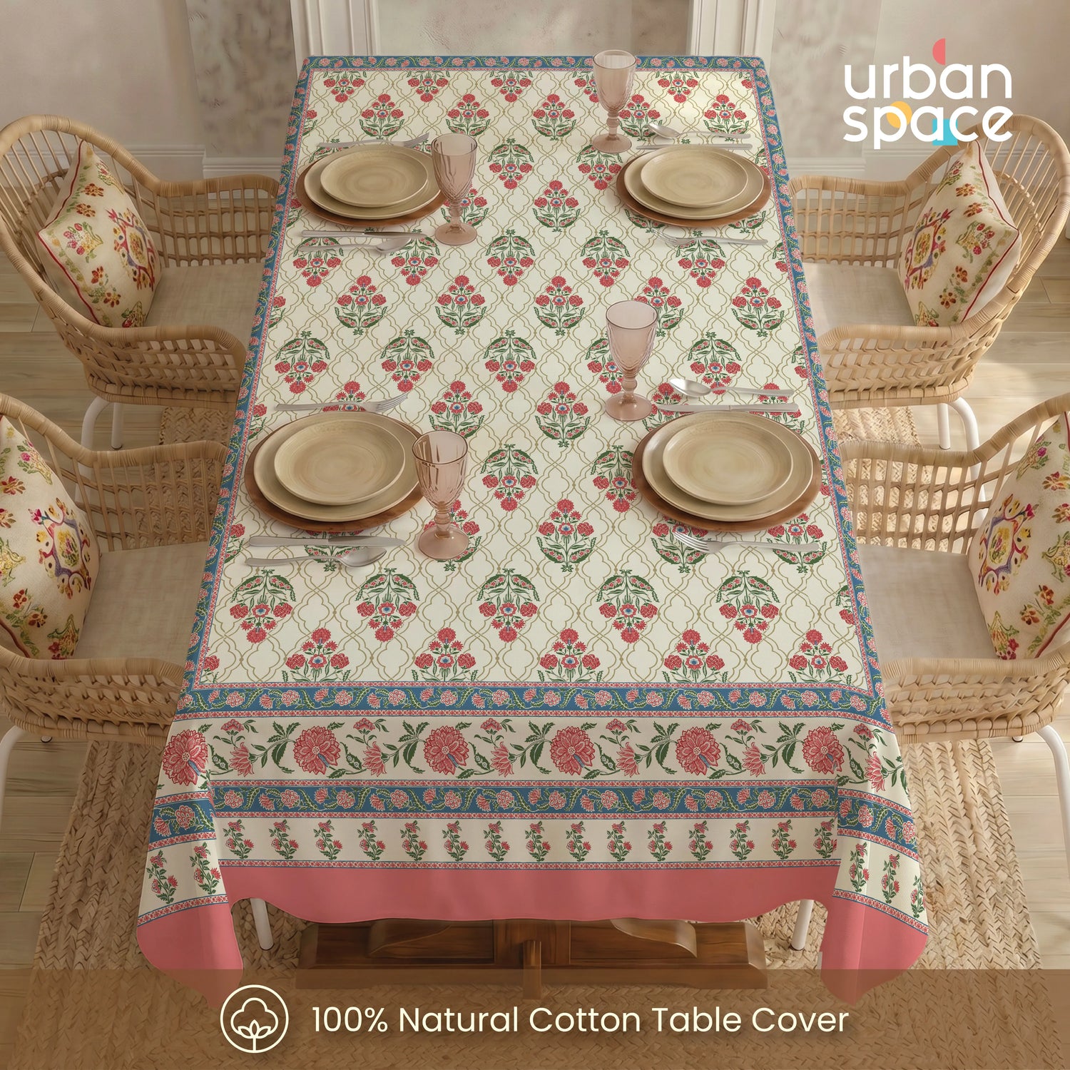 100% Cotton Table cloth/ table cover for 4 or 6 seater Dining / Centre Table - Amberjaal Pink