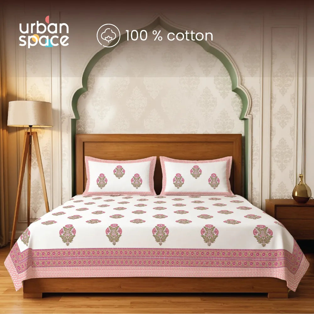 Authentic Hand Block 300 TC 100% Cotton Jaipuri Bedsheet with 2 pillow covers, 9 x 9 ft King size bedsheet - Amrapali