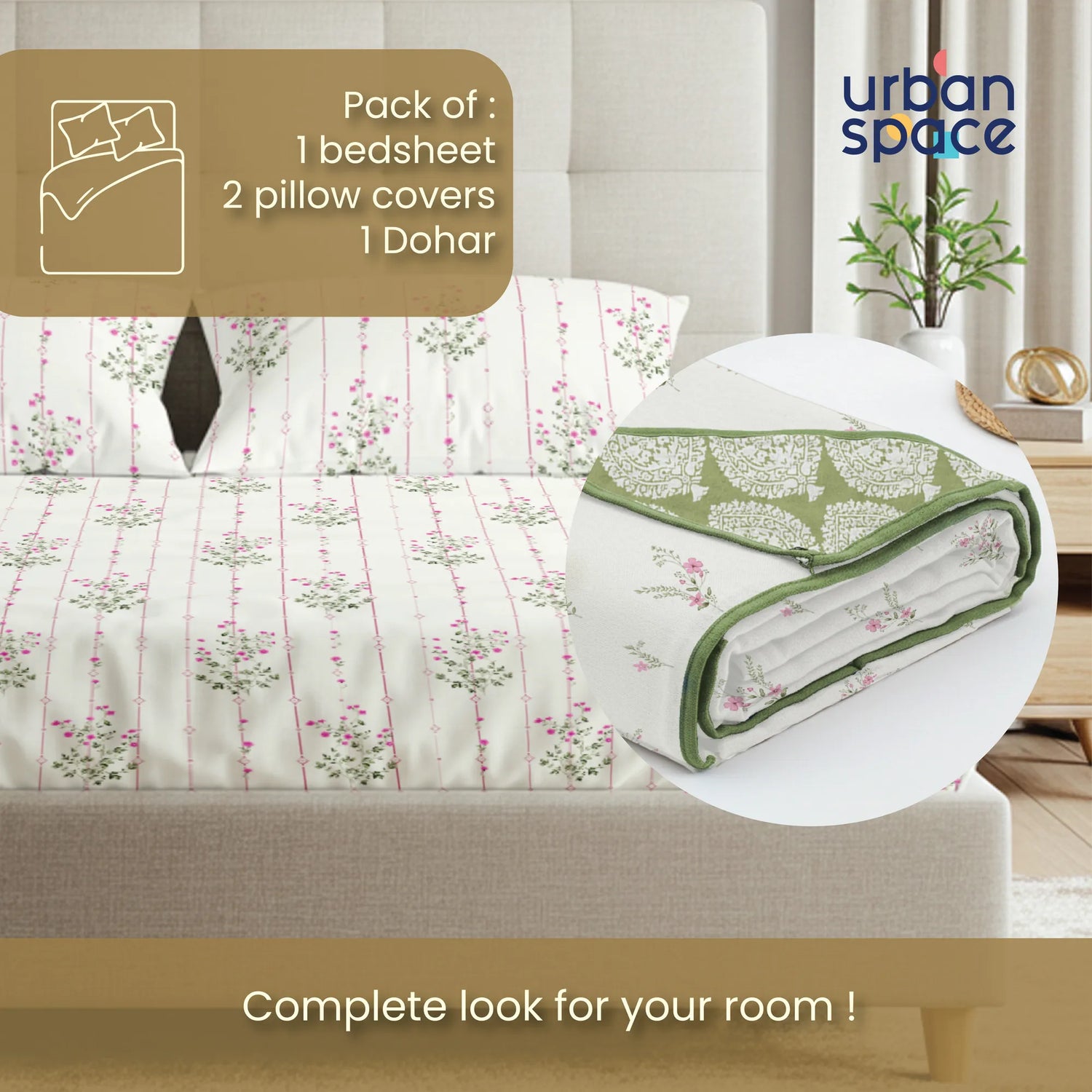 Cotton Bedsheet + AC Cotton Dohar Combo Pack - Amsterdam Sedum Pink