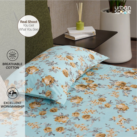 Serene Collection - 200 TC 100%  Cotton Double Bedsheet with 2 Pillow Covers, Printed Aqua Blue