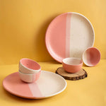 Handmade Ceramic Dinner Set for 2, set of 2 Dinner plates and 4 katoris, Set of 6, Pink Pearl