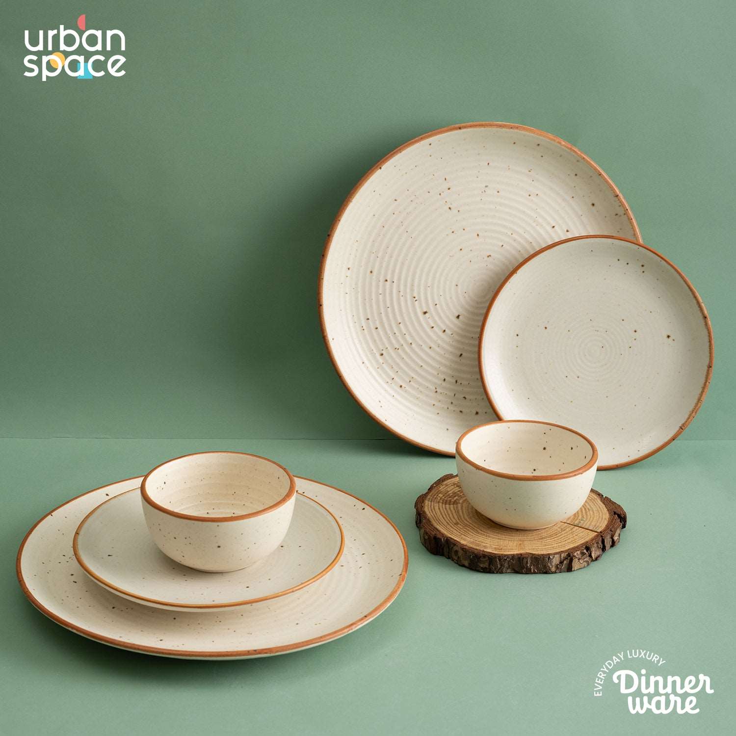 Handmade Ceramic Full dinner set for 2, 2 pieces each of dinner plate, quarter plate and katori bowls, Set of 6, Natural Beige