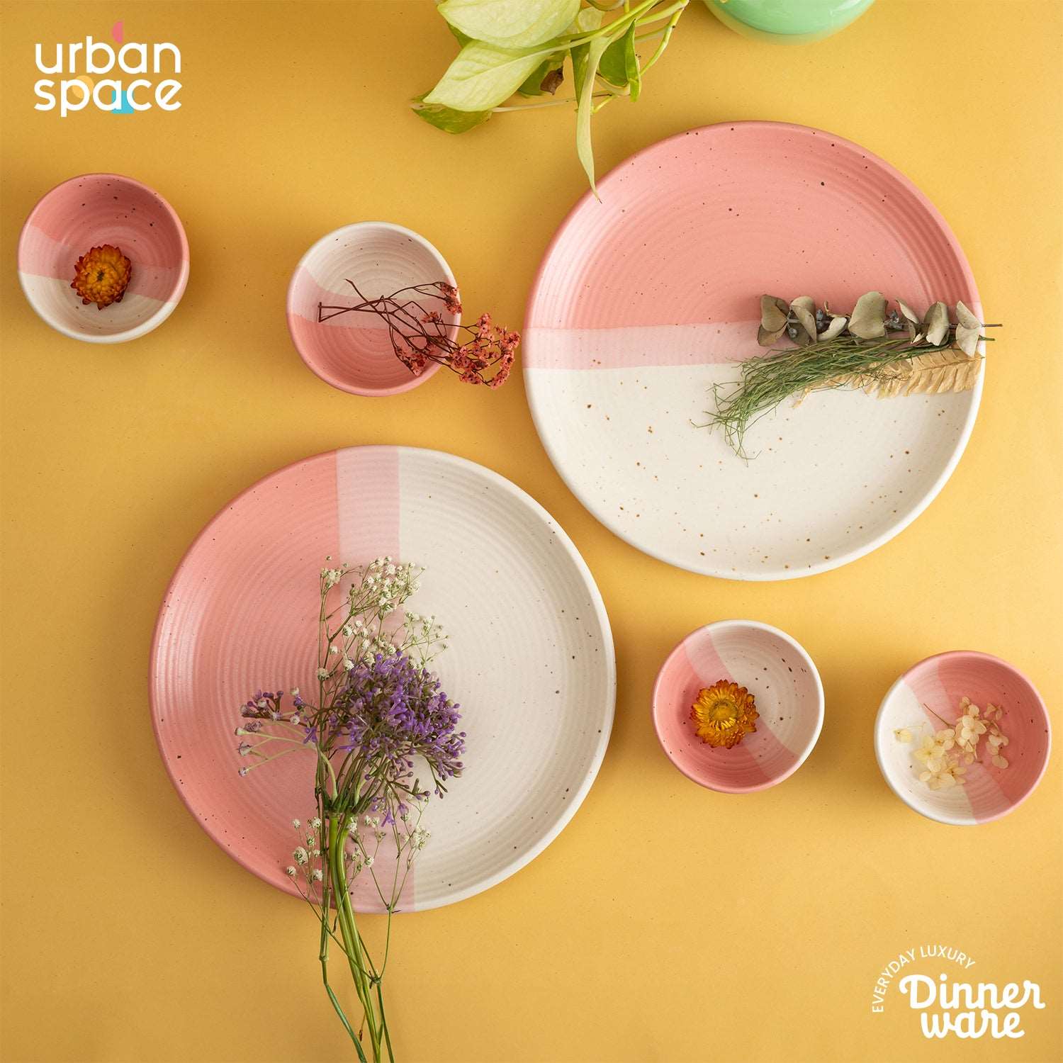 Handmade Ceramic Dinner Set for 2, set of 2 Dinner plates and 4 katoris, Set of 6, Pink Pearl