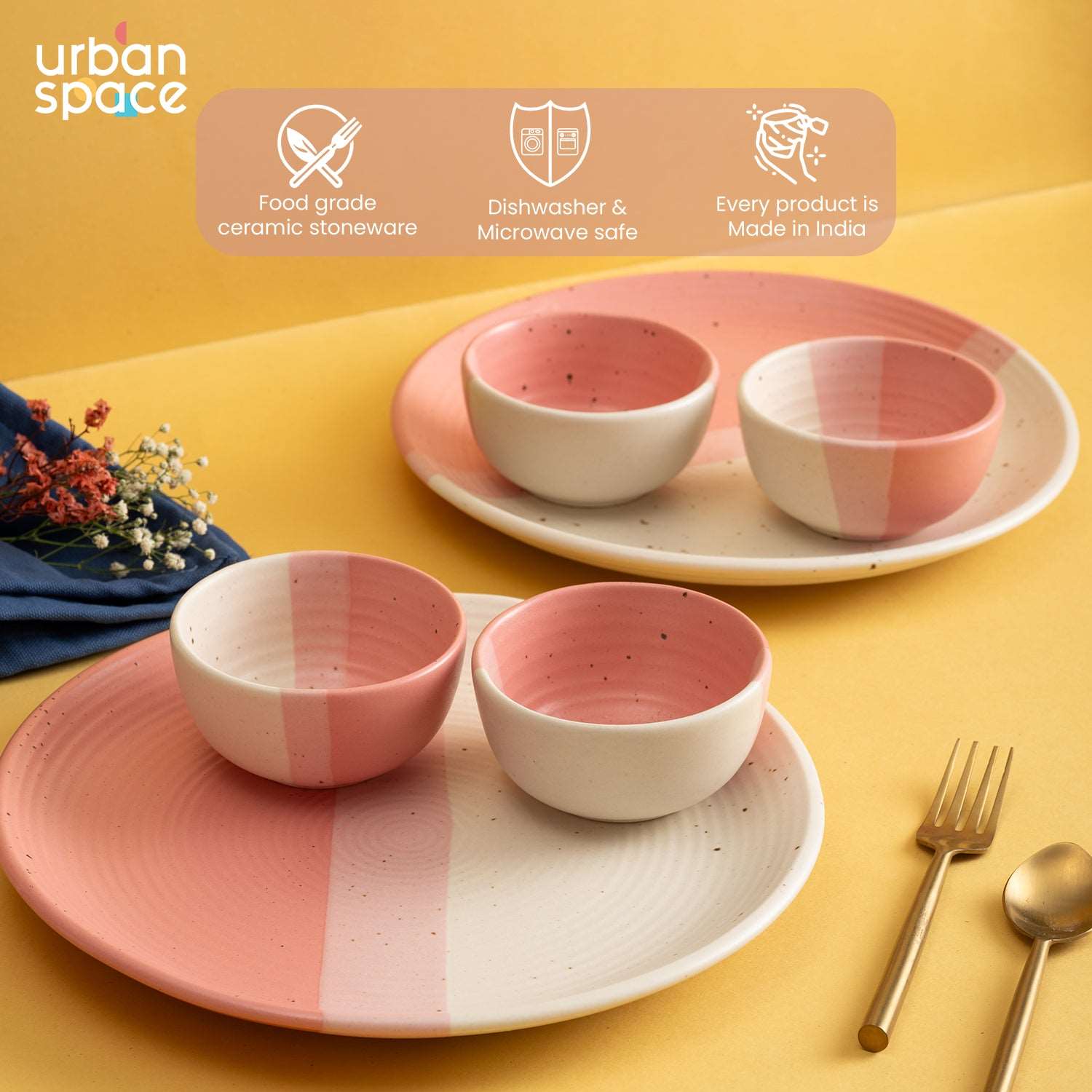 Handmade Ceramic Dinner Set for 2, set of 2 Dinner plates and 4 katoris, Set of 6, Pink Pearl