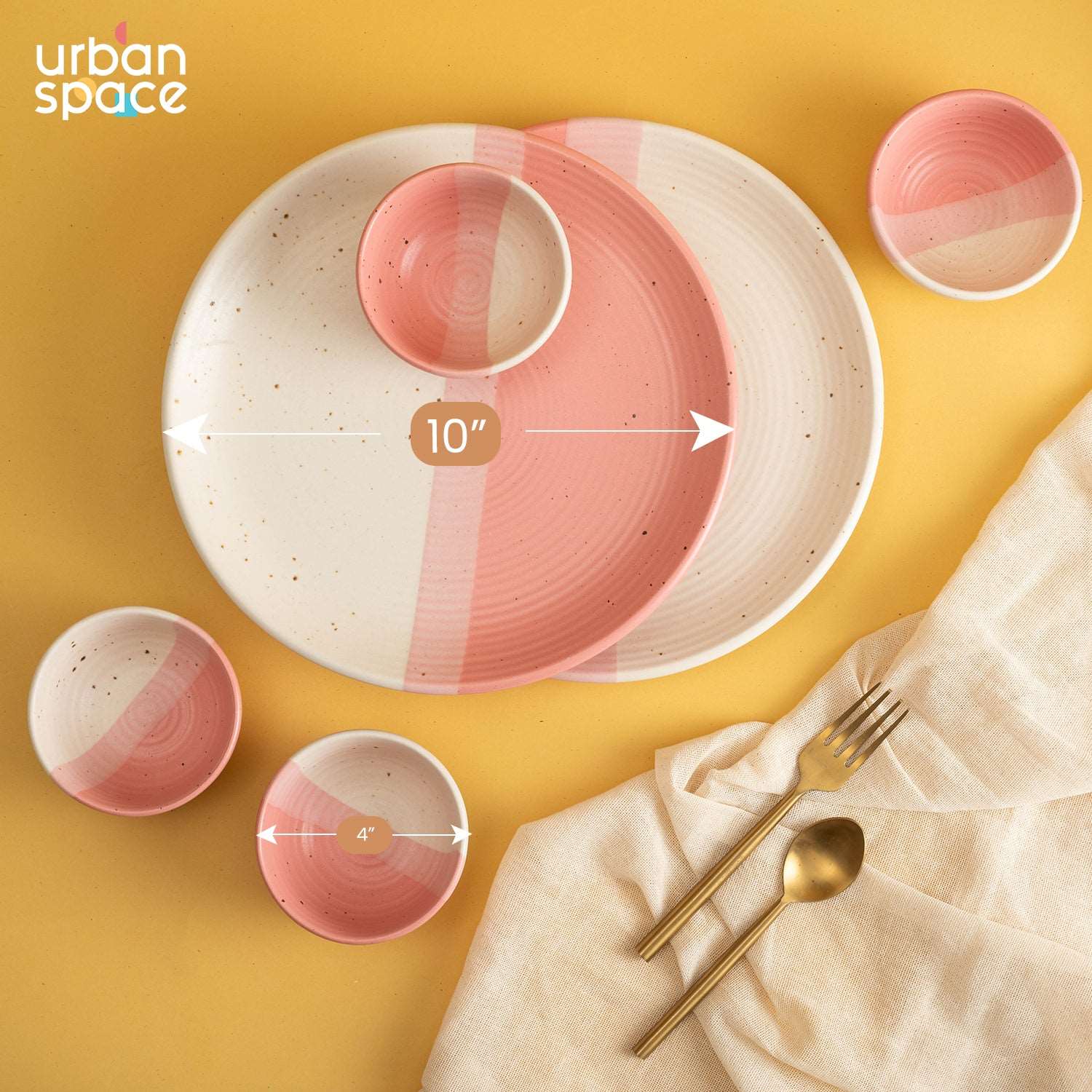 Handmade Ceramic Dinner Set for 2, set of 2 Dinner plates and 4 katoris, Set of 6, Pink Pearl