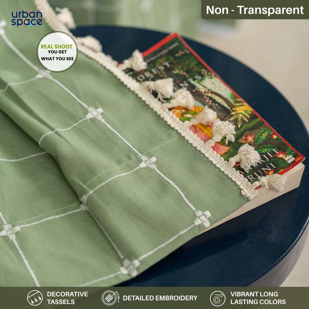 Premium 100% Cotton Embroidery Curtain for Window & Door - Pack of 1 Curtain, Sage Green Checks