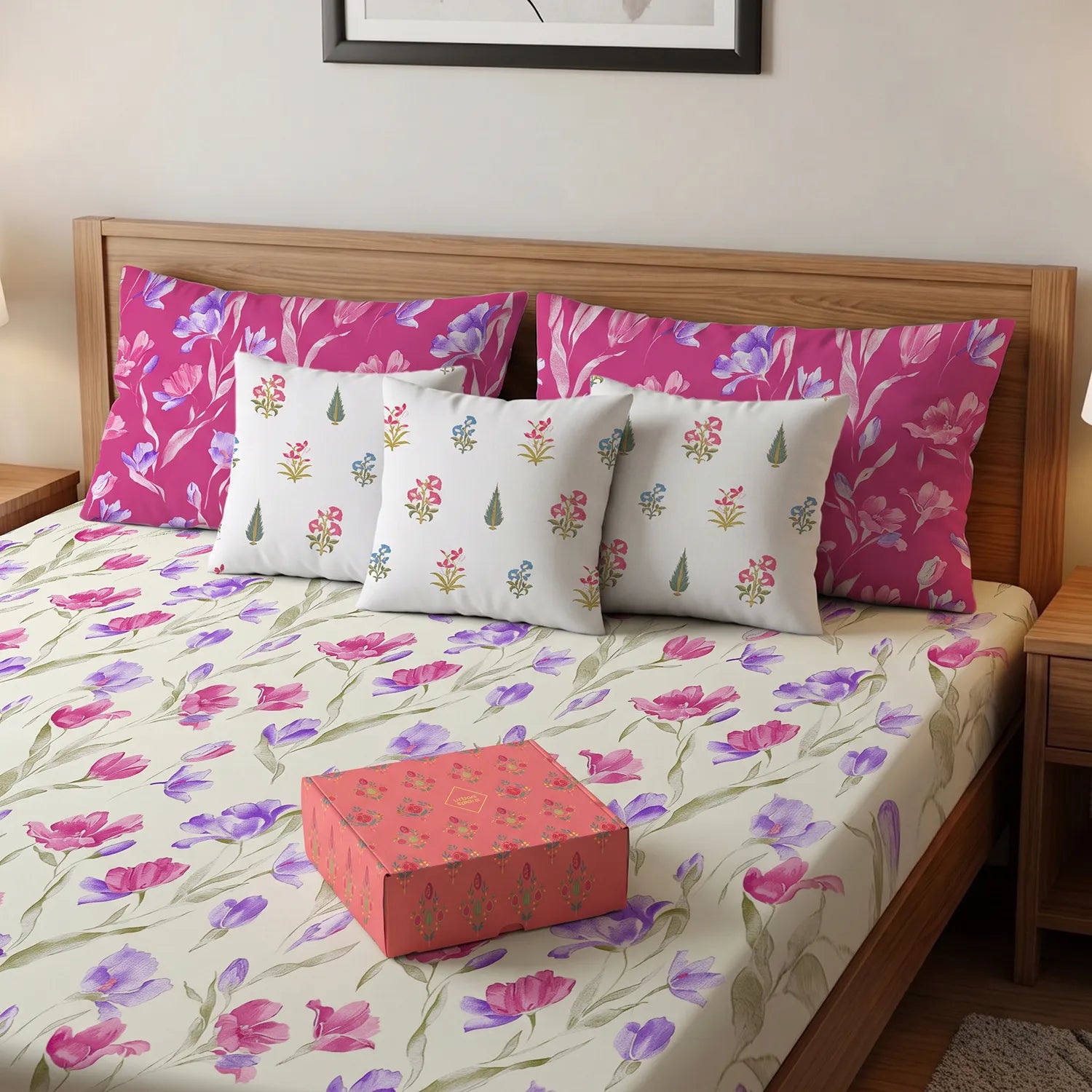 Cotton Double Bedsheet with 3 Cushion Covers in Gift Box Set, Autumn Pink