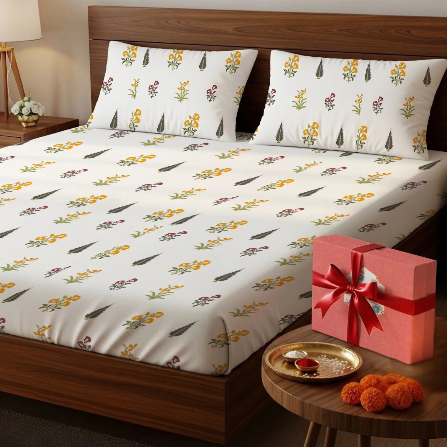 Gift Box 220 TC 100% Cotton printed bedsheet - High Garden Yellow