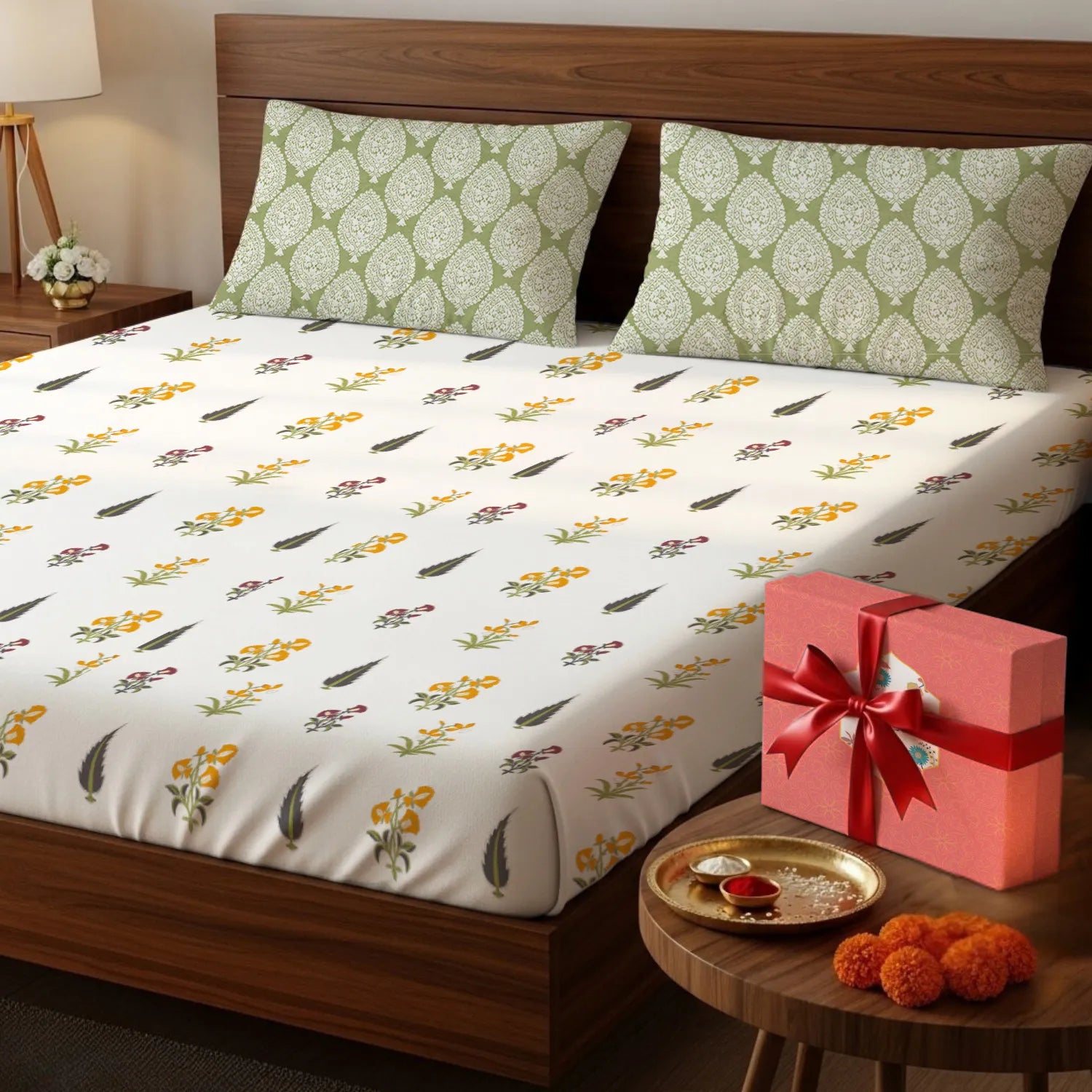 200 TC 100% Cotton Bedsheet Set in Gift Box - High Garden Yellow
