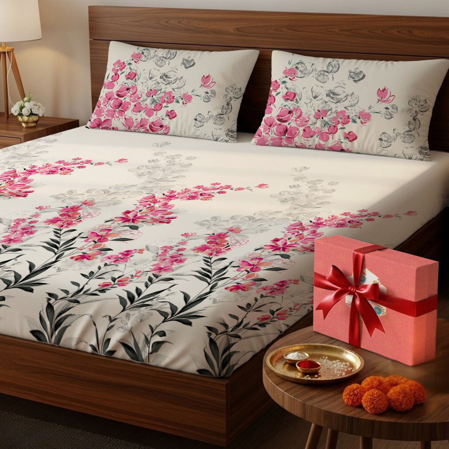 200 TC 100% Cotton Bedsheet Set in Gift Box - Majestic Pink