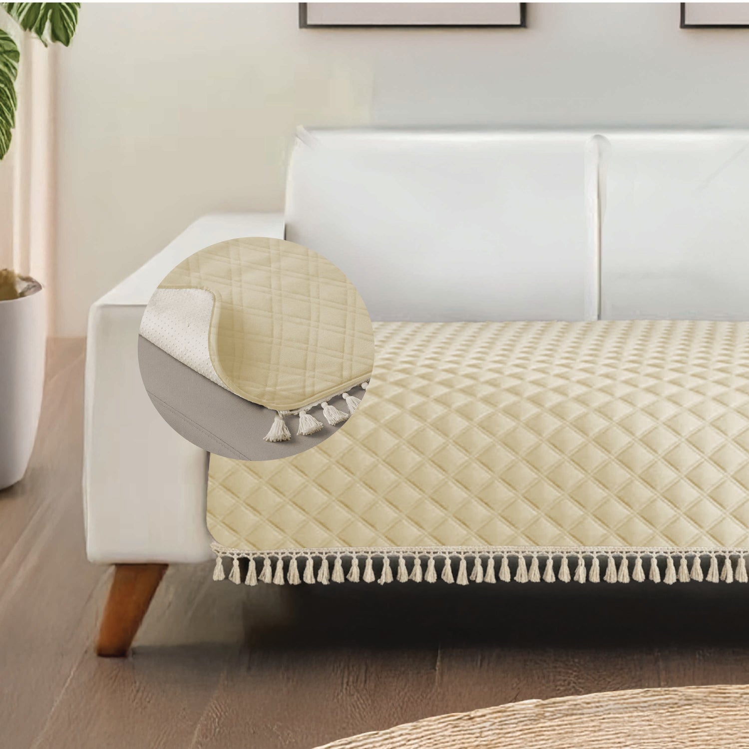 Anti Skid Quilted Sofa Mats, Beige