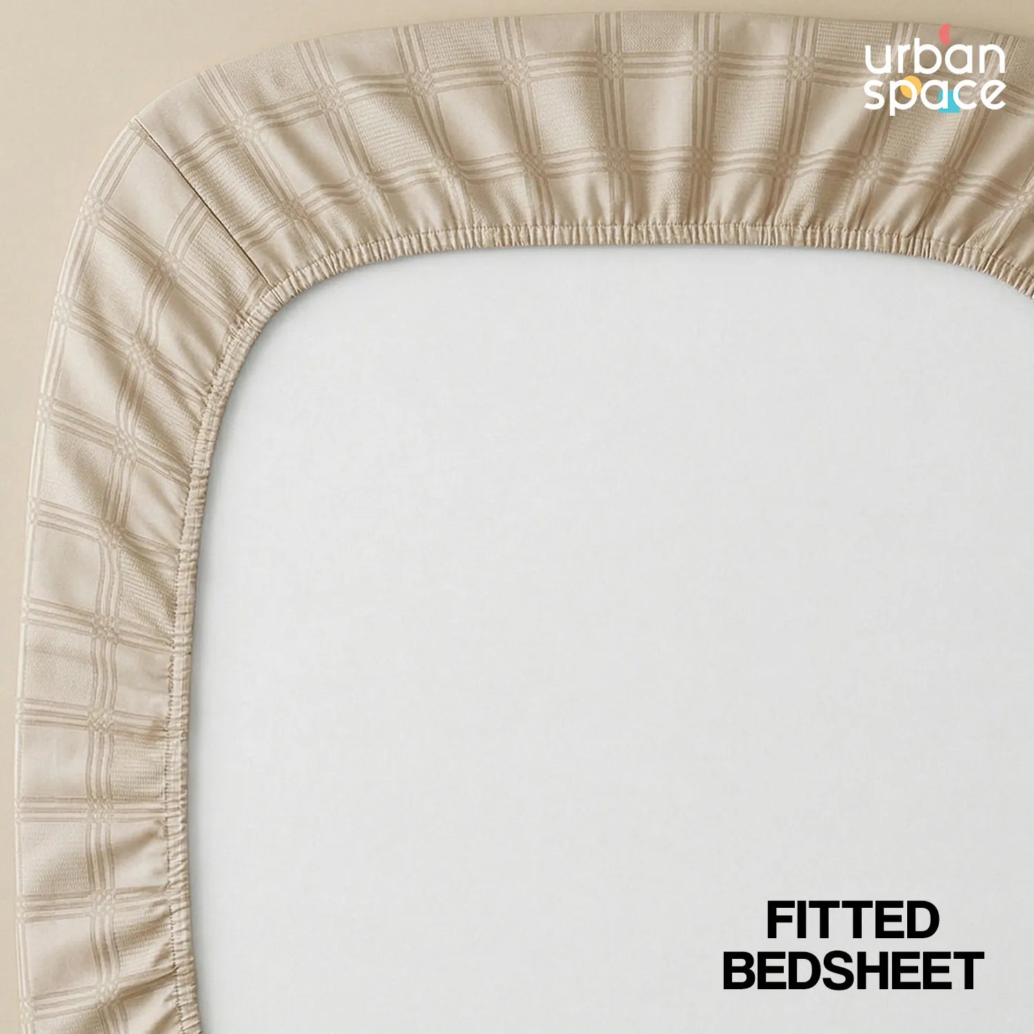 Fitted King Size 300 TC Super Soft Bedsheet, Self Woven Checks Design - Beige Checks