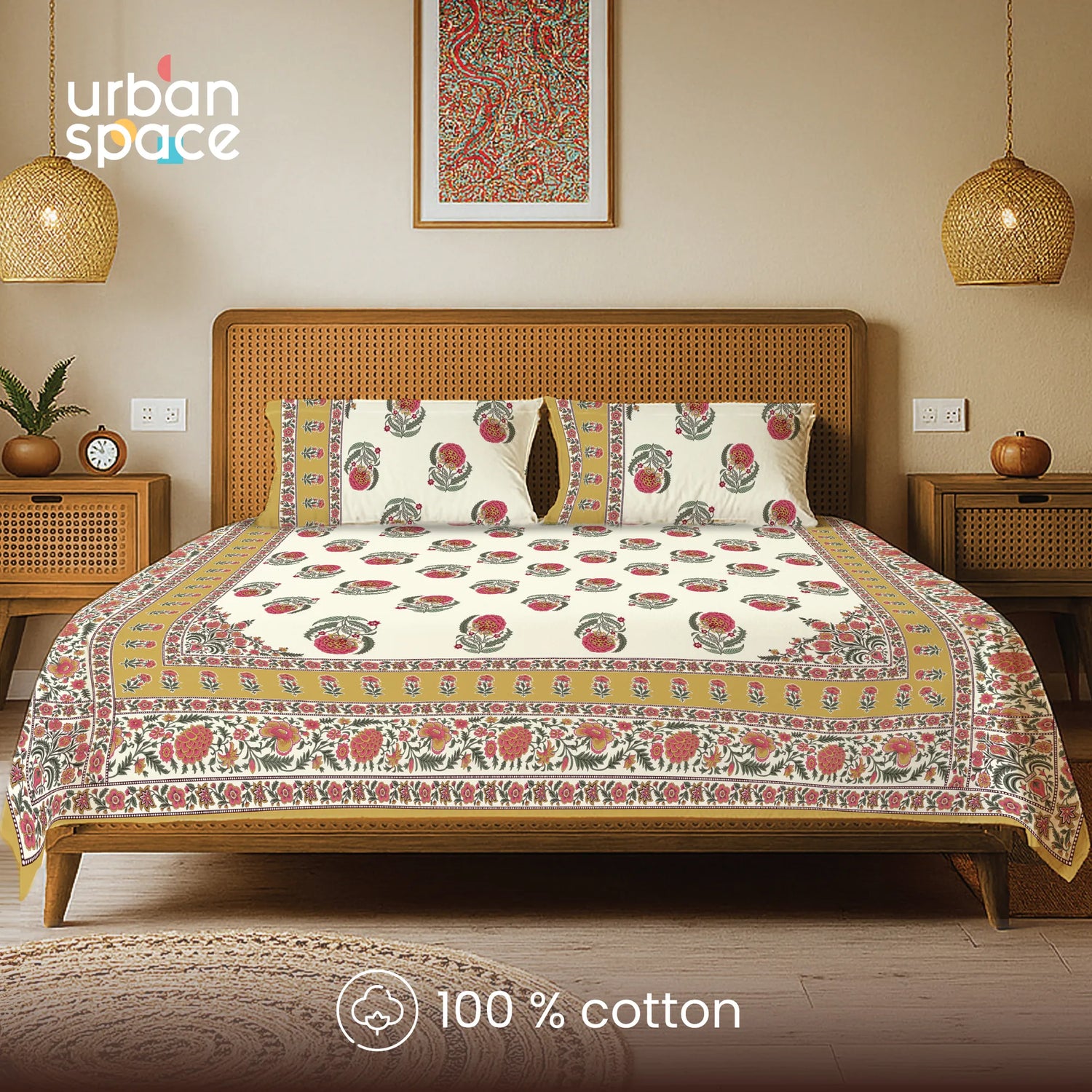 Rajasthani Ethnic 100% Cotton Bedsheet with 2 Pillow Covers, King Bed - Chaandbali Mustard