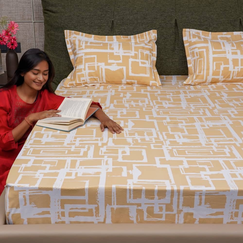 Fitted King Size Cotton Bedsheet - Checkers - Soft Brown