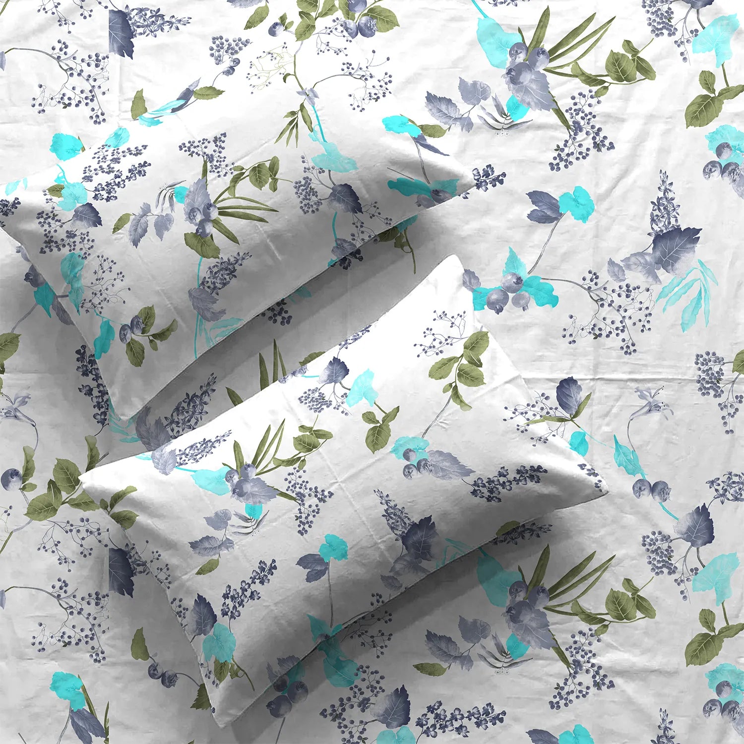 Fitted King Size Cotton Bedsheet - Cherry Blossom- Blue