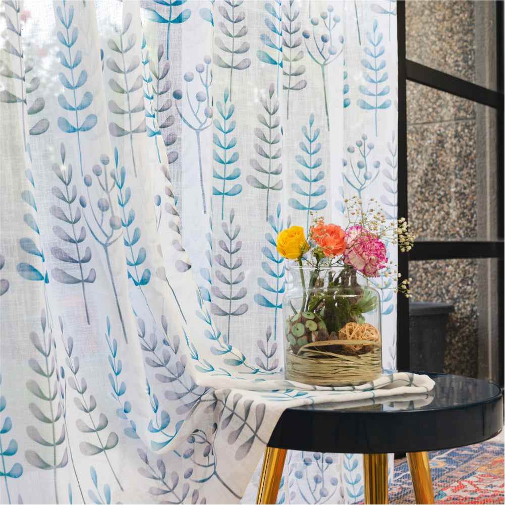 Linen textured Sheer Curtain for Living Room , Curtain for Window/Door, Pack of 2 Curtains, Christmas Tree Blue