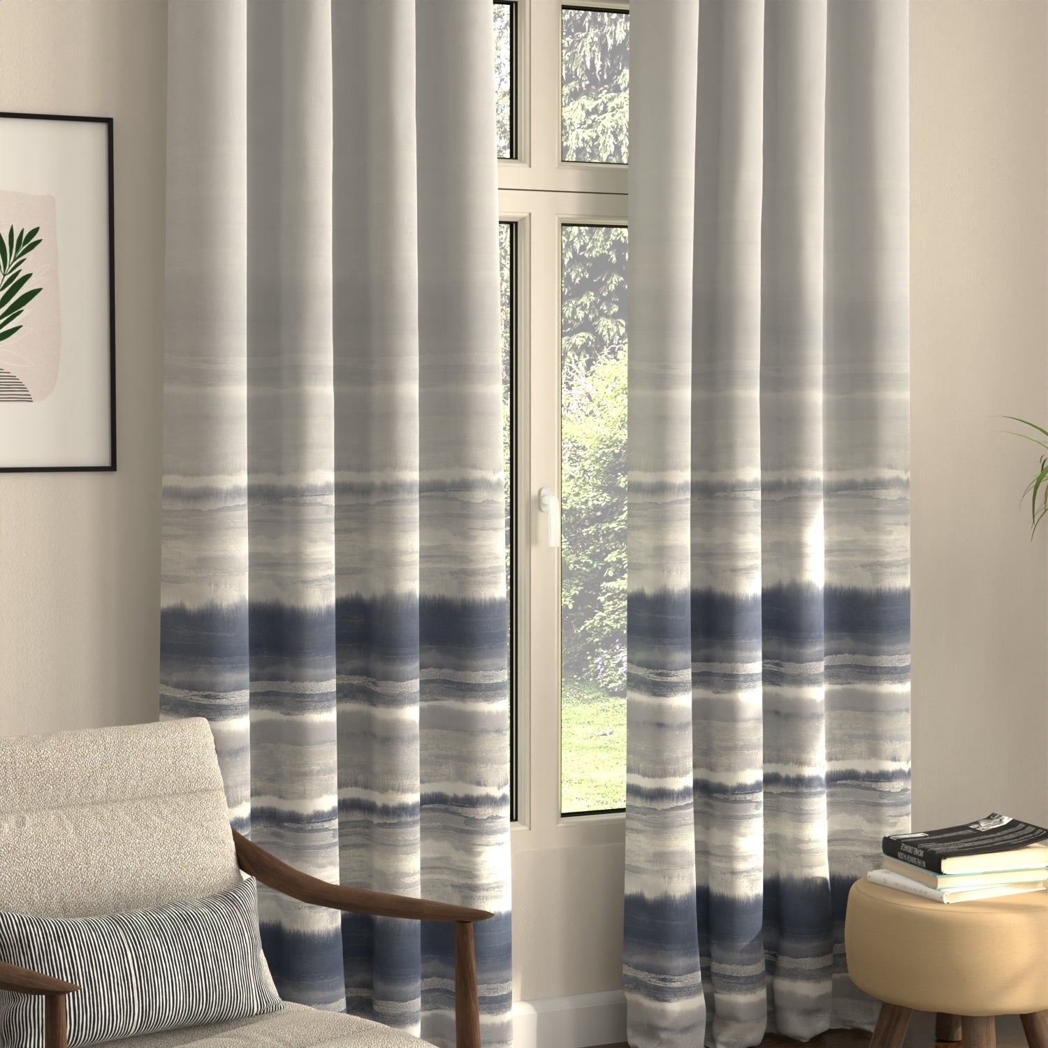 Blackout Curtains, Digital Printed Curtains, Pack of 2 Curtains - Coastal Tides Navy