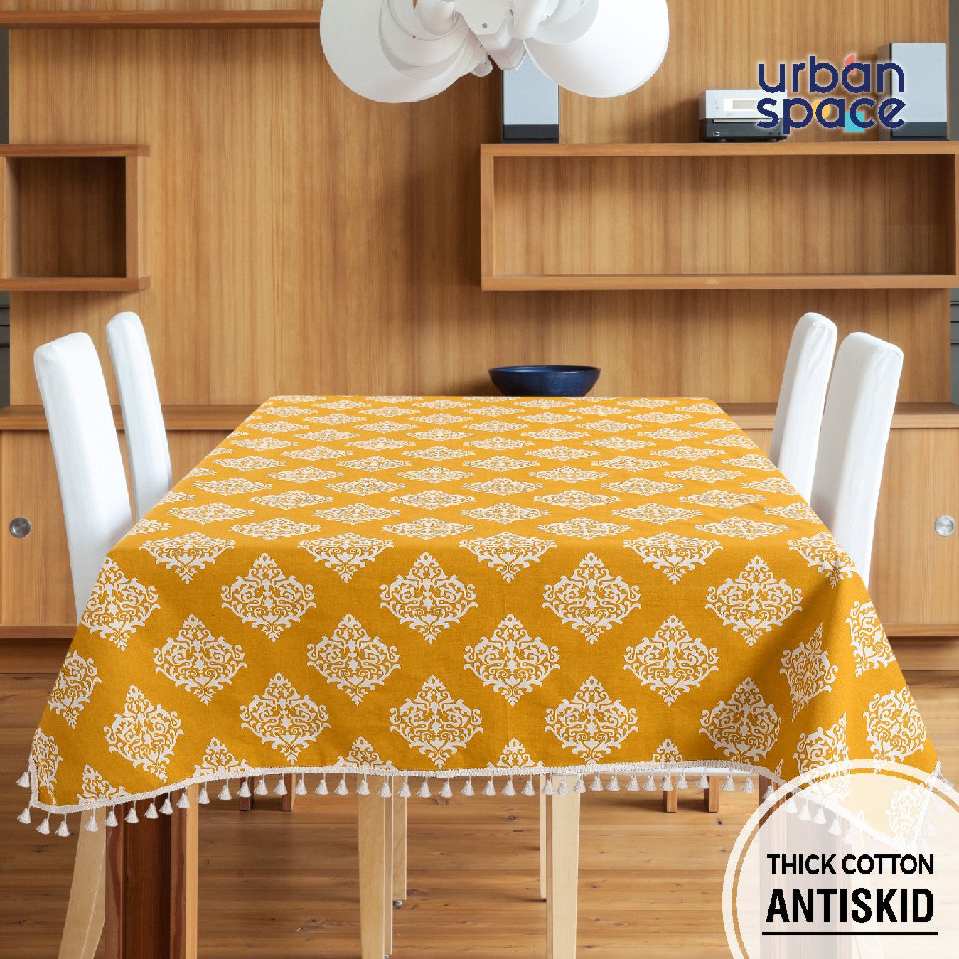 100% Cotton Table cloth/ table cover for 4 or 6 seater Dining / Centre Table - Motif Mustard