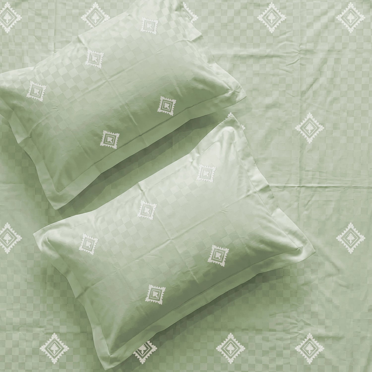 300 TC Super Soft King Bedsheet, Premium Embroidery Bedsheet - Diamond Tea Green
