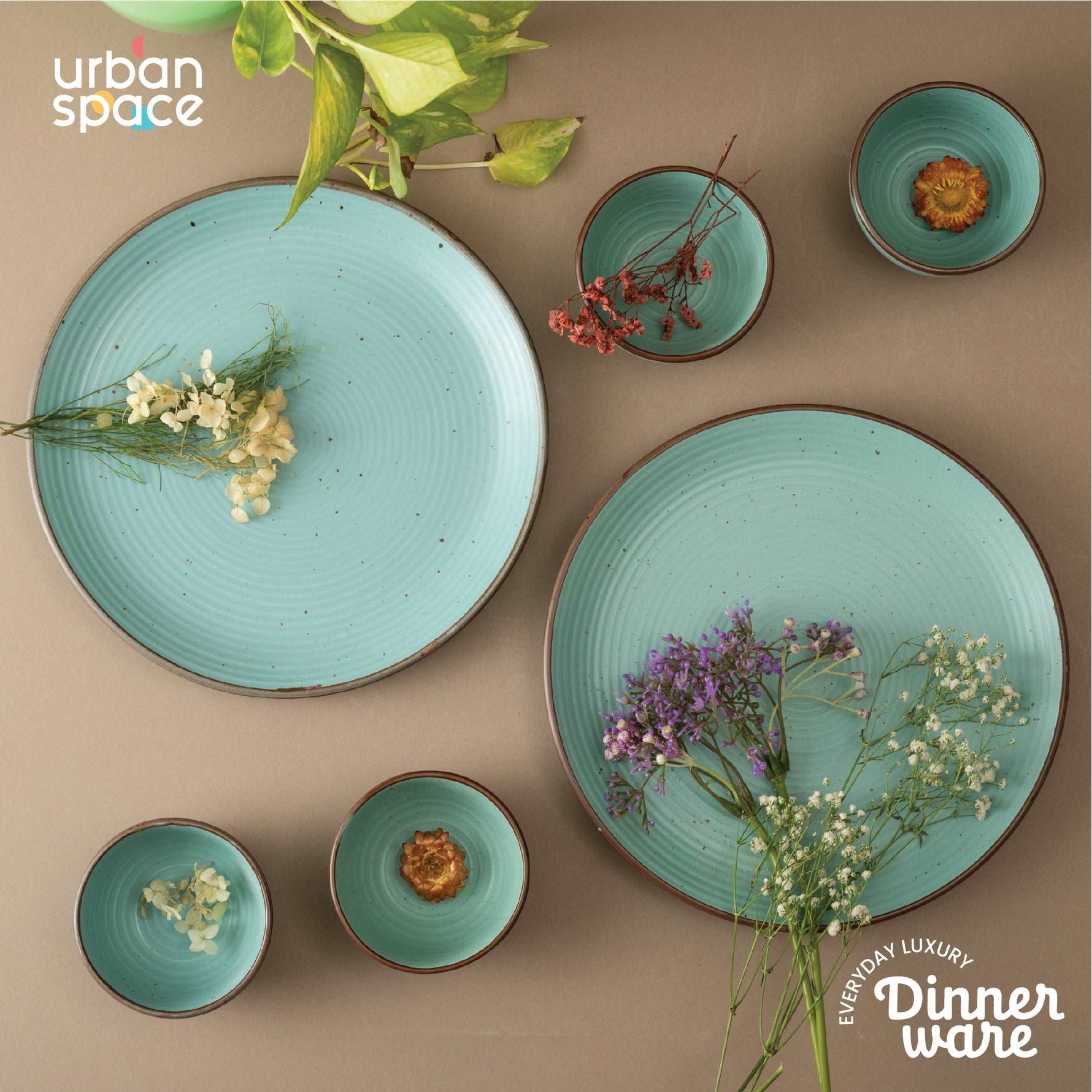 Handmade Ceramic Dinner Set for 2, set of 2 Dinner plates and 4 katoris, Set of 6, Ocean Green