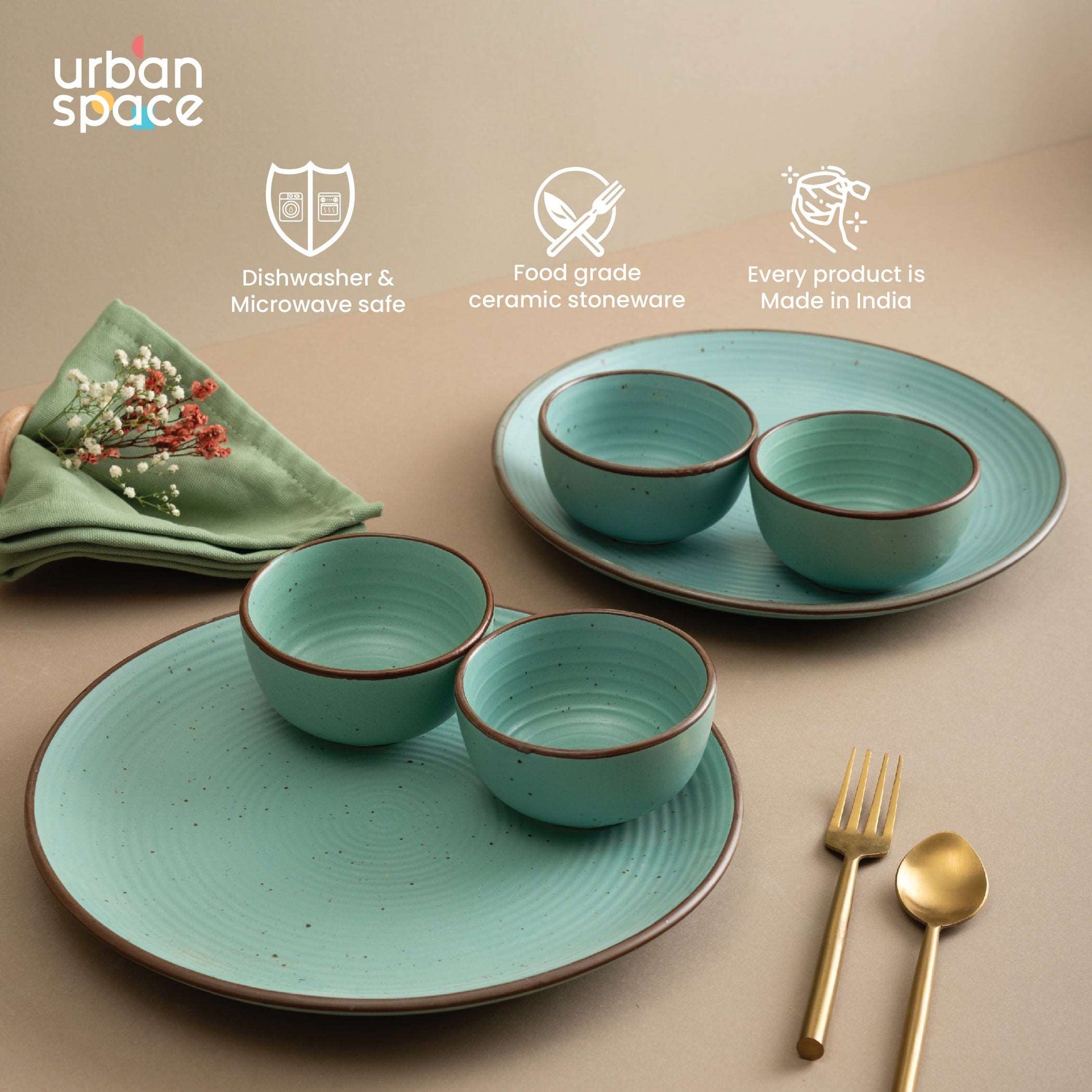 Handmade Ceramic Dinner Set for 2, set of 2 Dinner plates and 4 katoris, Set of 6, Ocean Green