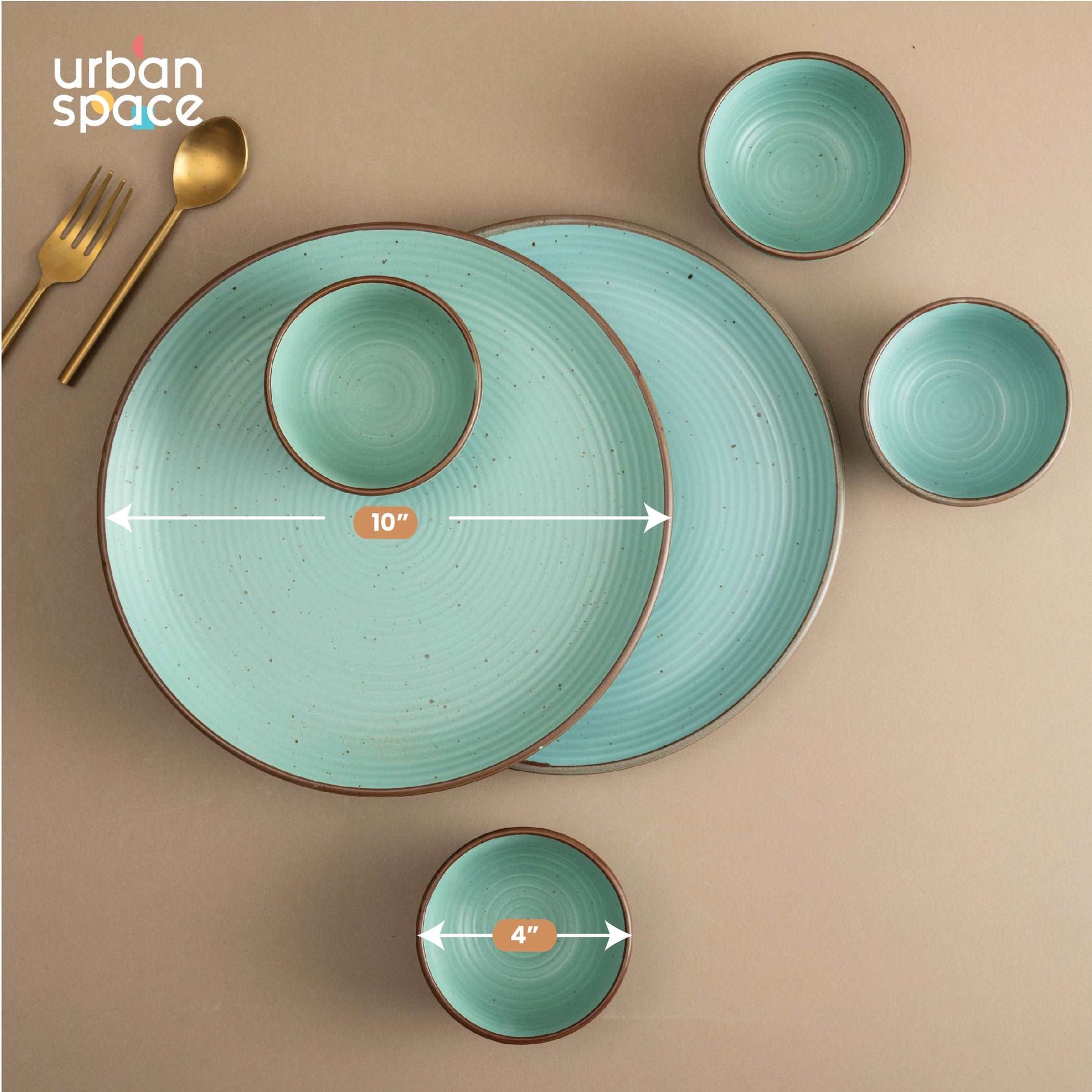 Handmade Ceramic Dinner Set for 2, set of 2 Dinner plates and 4 katoris, Set of 6, Ocean Green