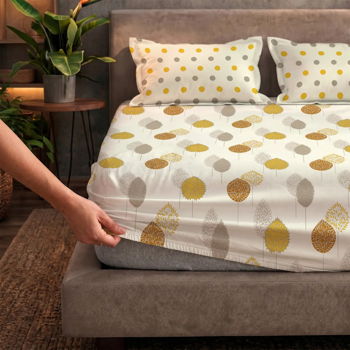 Fitted King Size Cotton Bedsheet - Drops Mustard