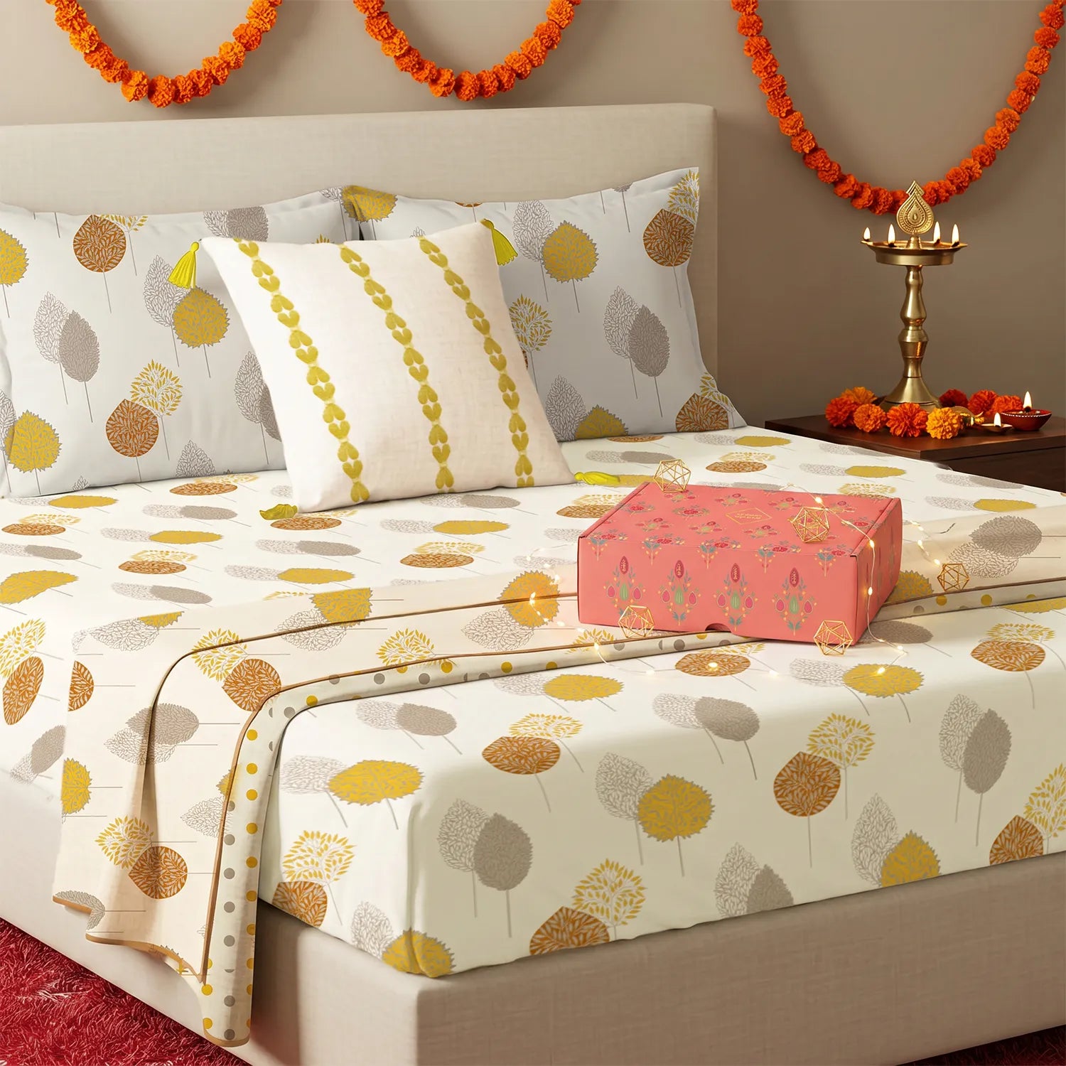 6 Pc Cotton Bedding Set in Gift Box, Drops Mustard