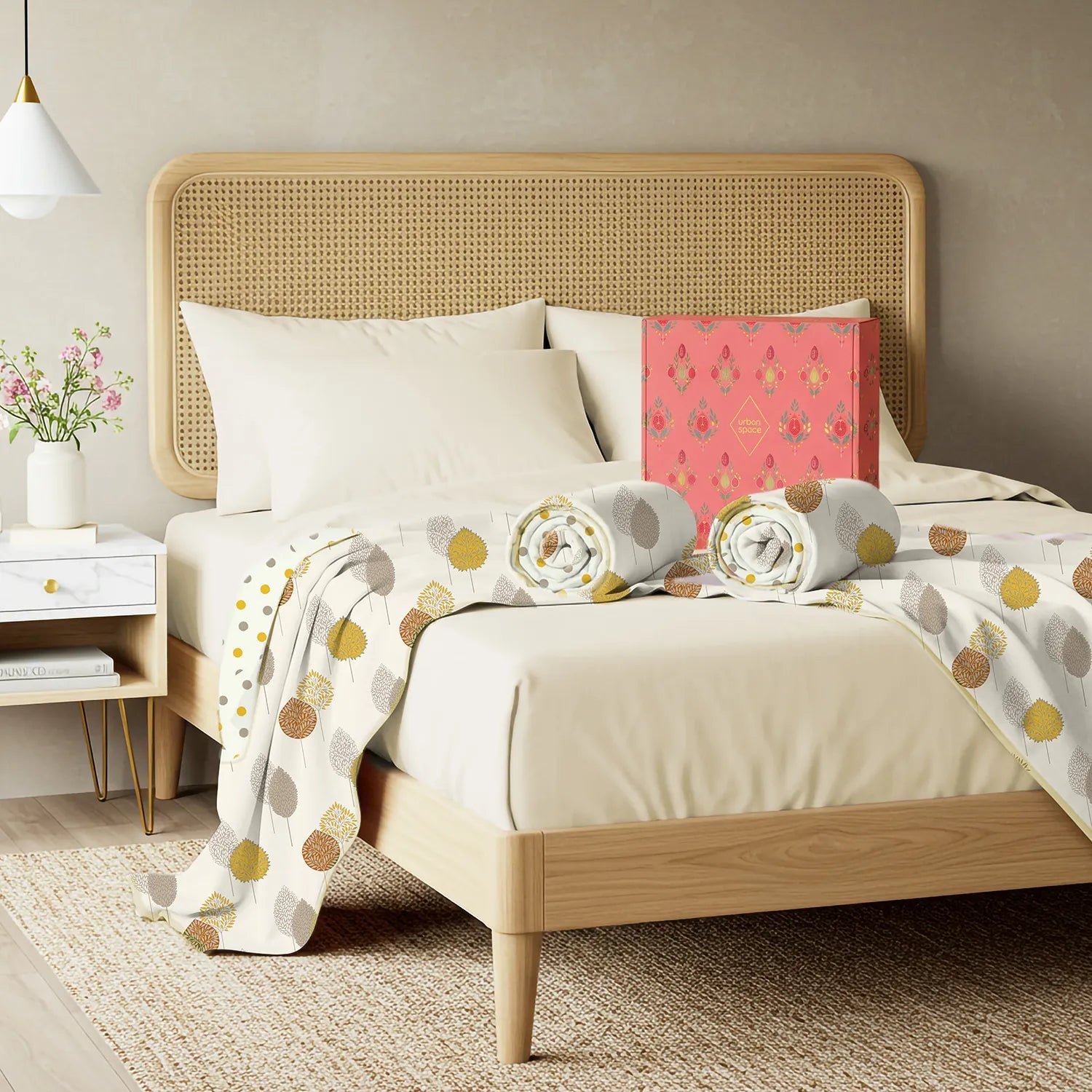 2 Single Bed Malmal Cotton Dohars in a Gift Box, Drops Mustard