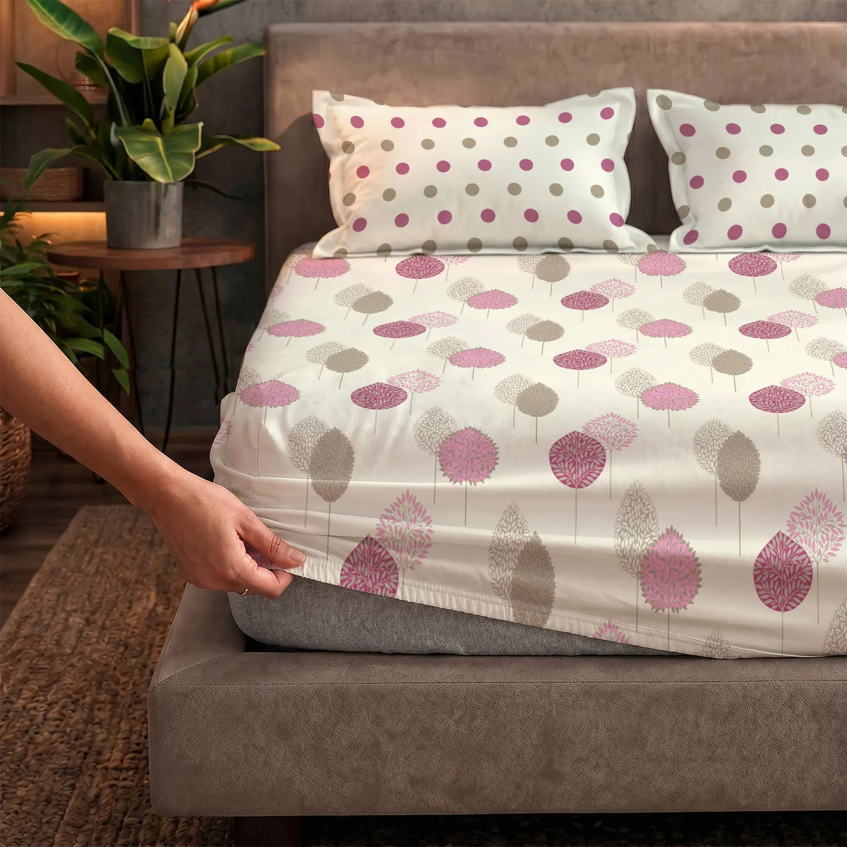 Fitted King Size Cotton Bedsheet - Drops Pink