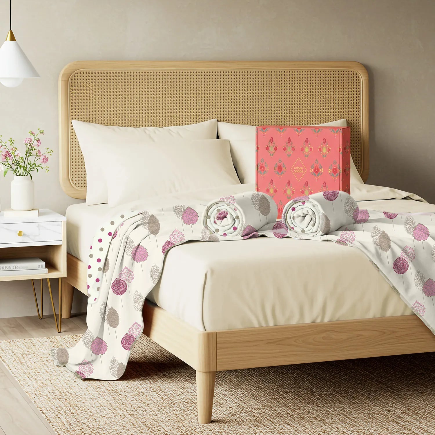 2 Single Bed Malmal Cotton Dohars in a Gift Box, Drops Pink