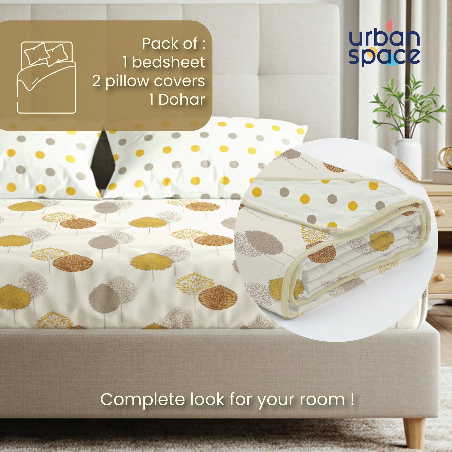 Cotton Bedsheet + AC Cotton Dohar Combo Pack - Drops Mustard