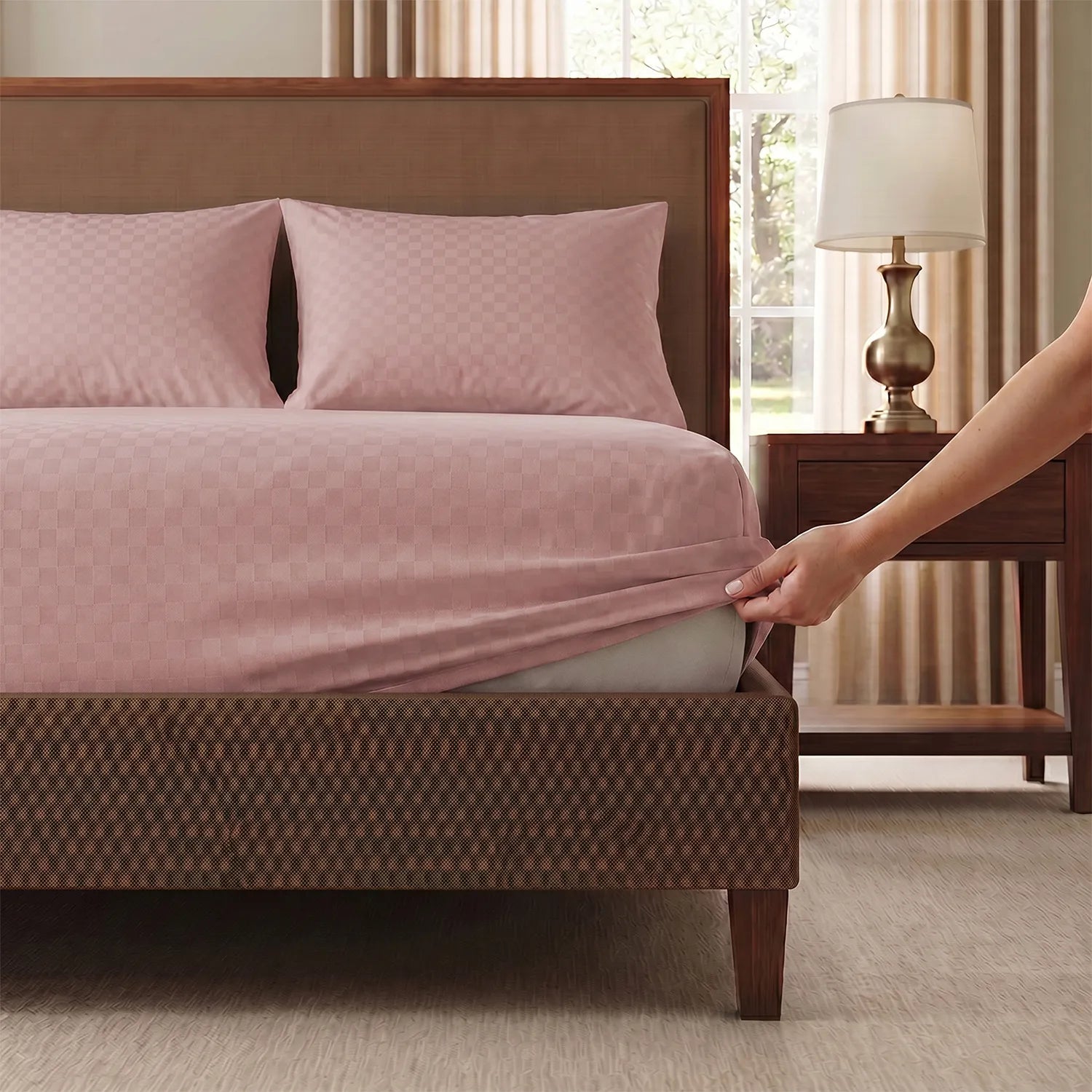 Fitted King Size 300 TC Super Soft Bedsheet, Self Woven Cubes Design - Dusty Pink Cubes