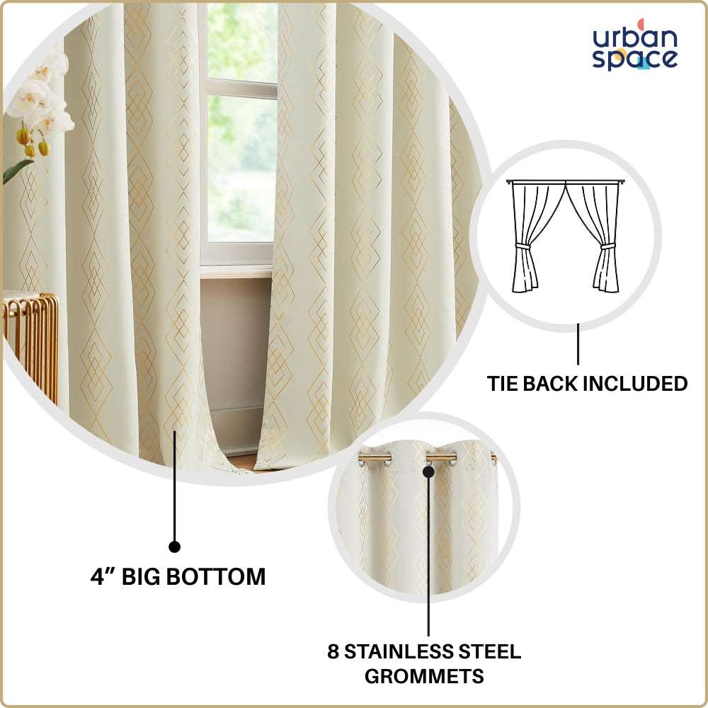 Gold Foil Printed 80-85% Blackout Curtains - Pack of 1 - Diamond - Beige