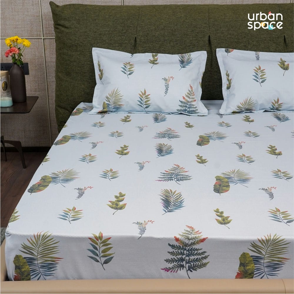 200 TC Cotton Bedsheet, Double & King size Fall Leaves Blue Bedsheet