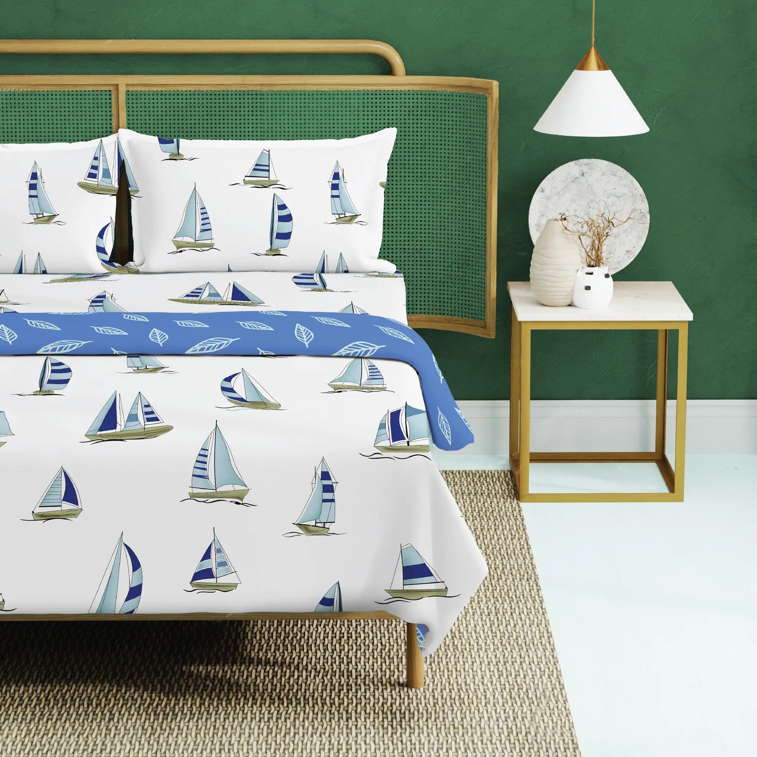 Cotton Bedsheet + AC Cotton Dohar Combo Pack - Ocean Boats Blue