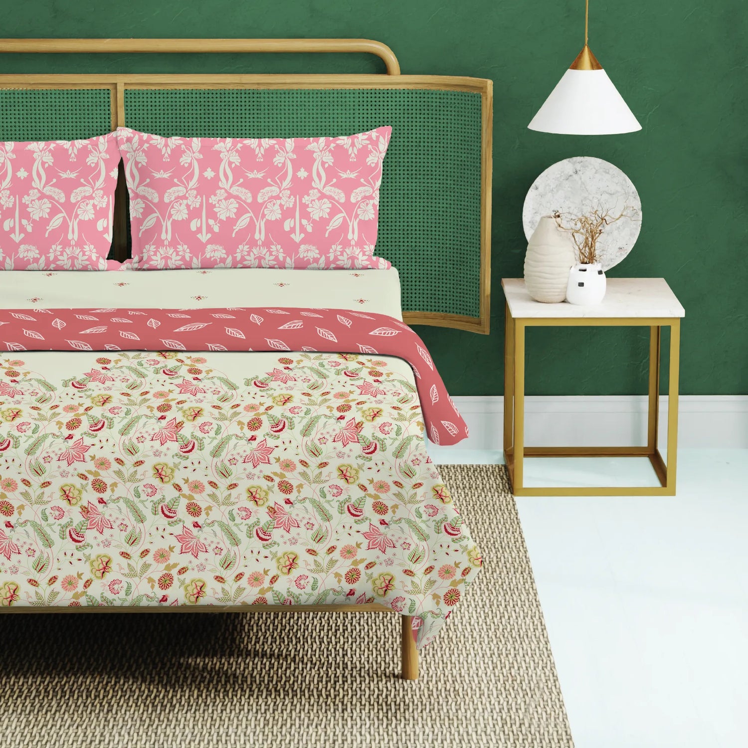 Cotton Bedsheet + Cotton AC Dohar Combo Pack - Vine Gardens Peach Pink