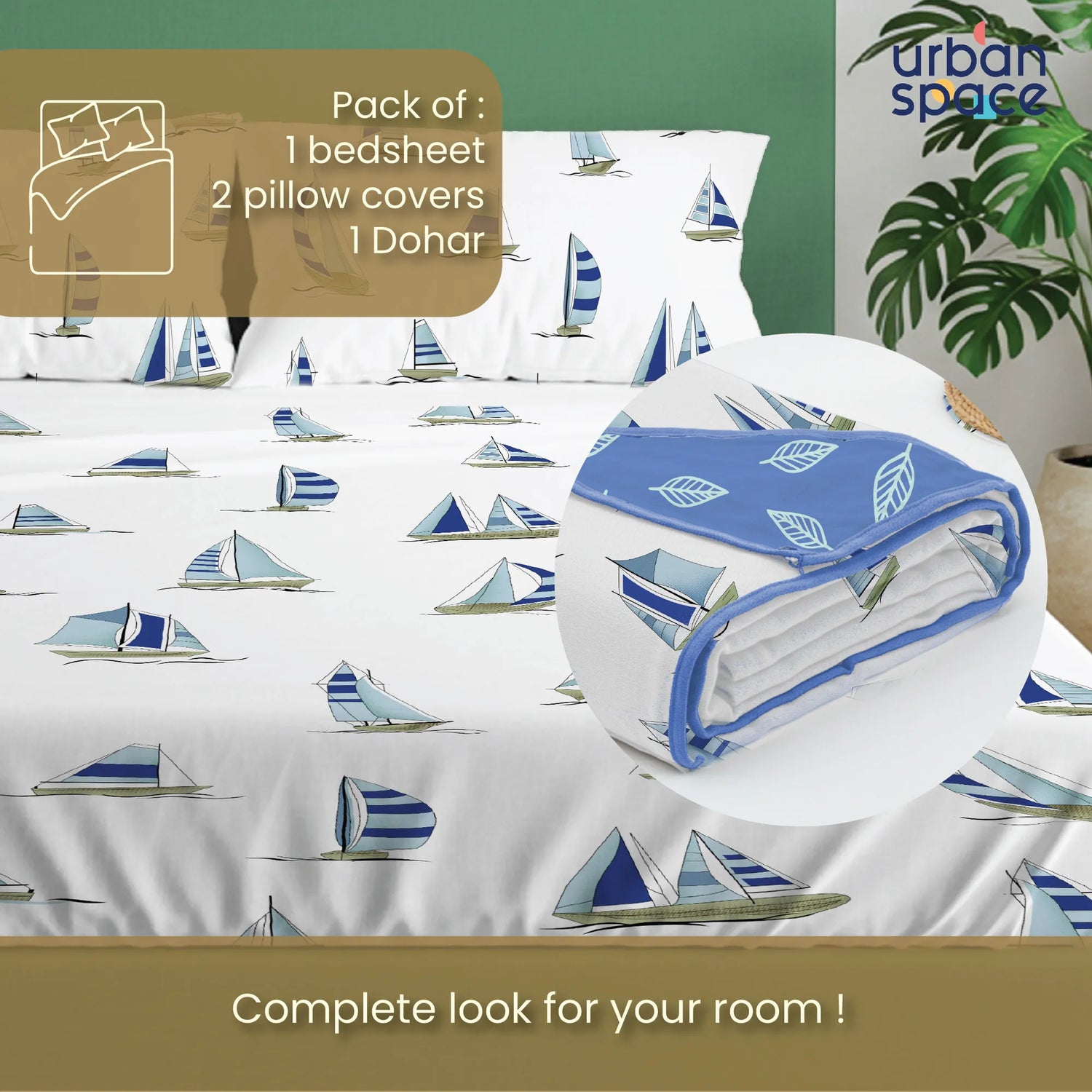 Cotton Bedsheet + AC Cotton Dohar Combo Pack - Ocean Boats Blue