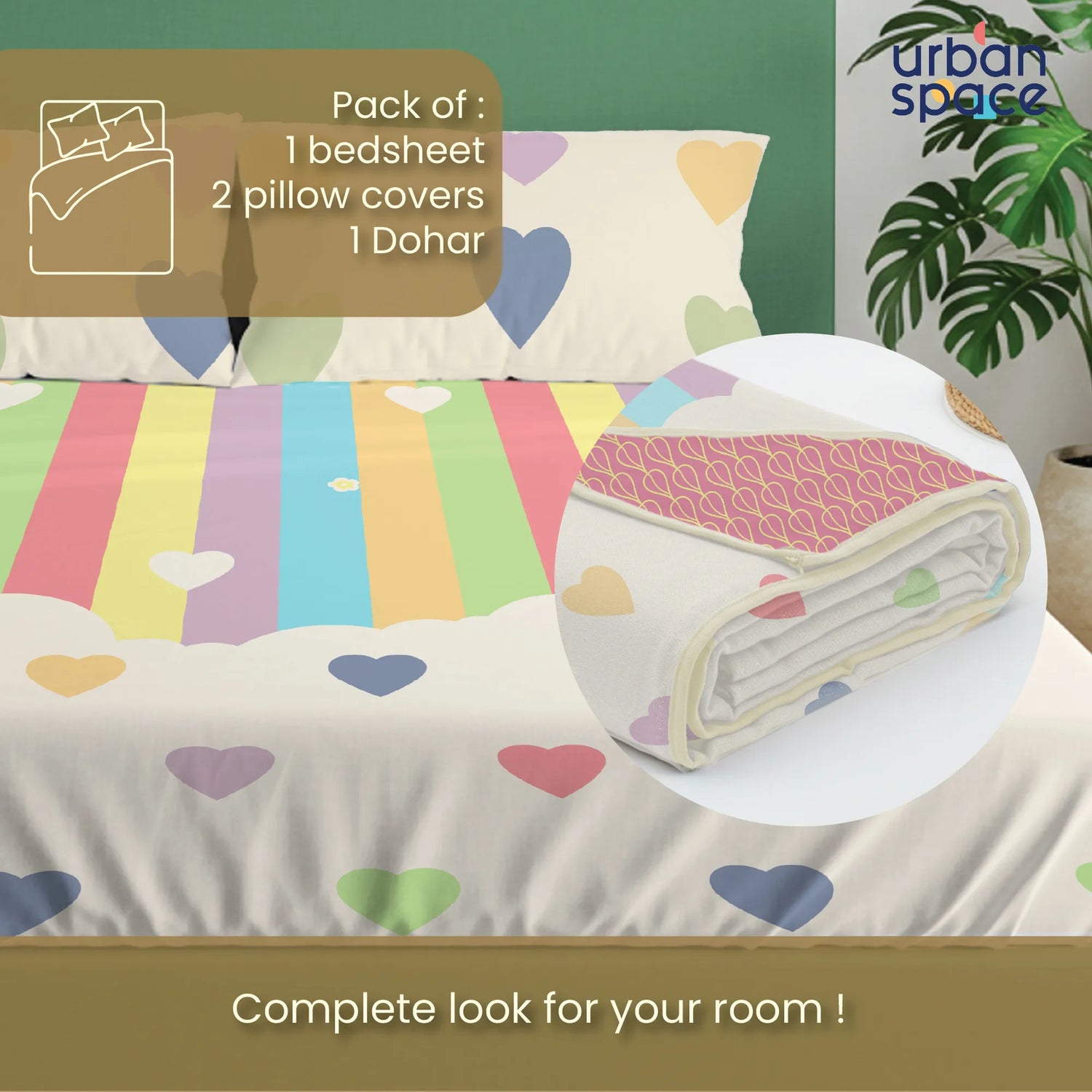 Cotton Bedsheet + AC Cotton Dohar Combo Pack - Rainbow Hearts
