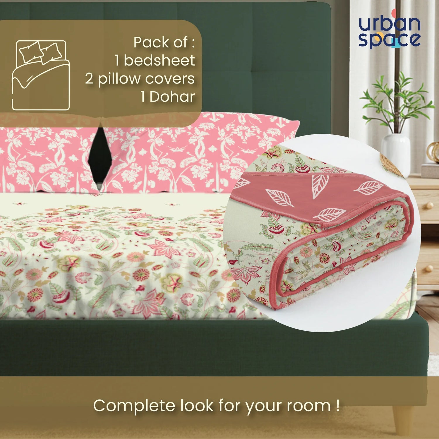 Cotton Bedsheet + Cotton AC Dohar Combo Pack - Vine Gardens Peach Pink