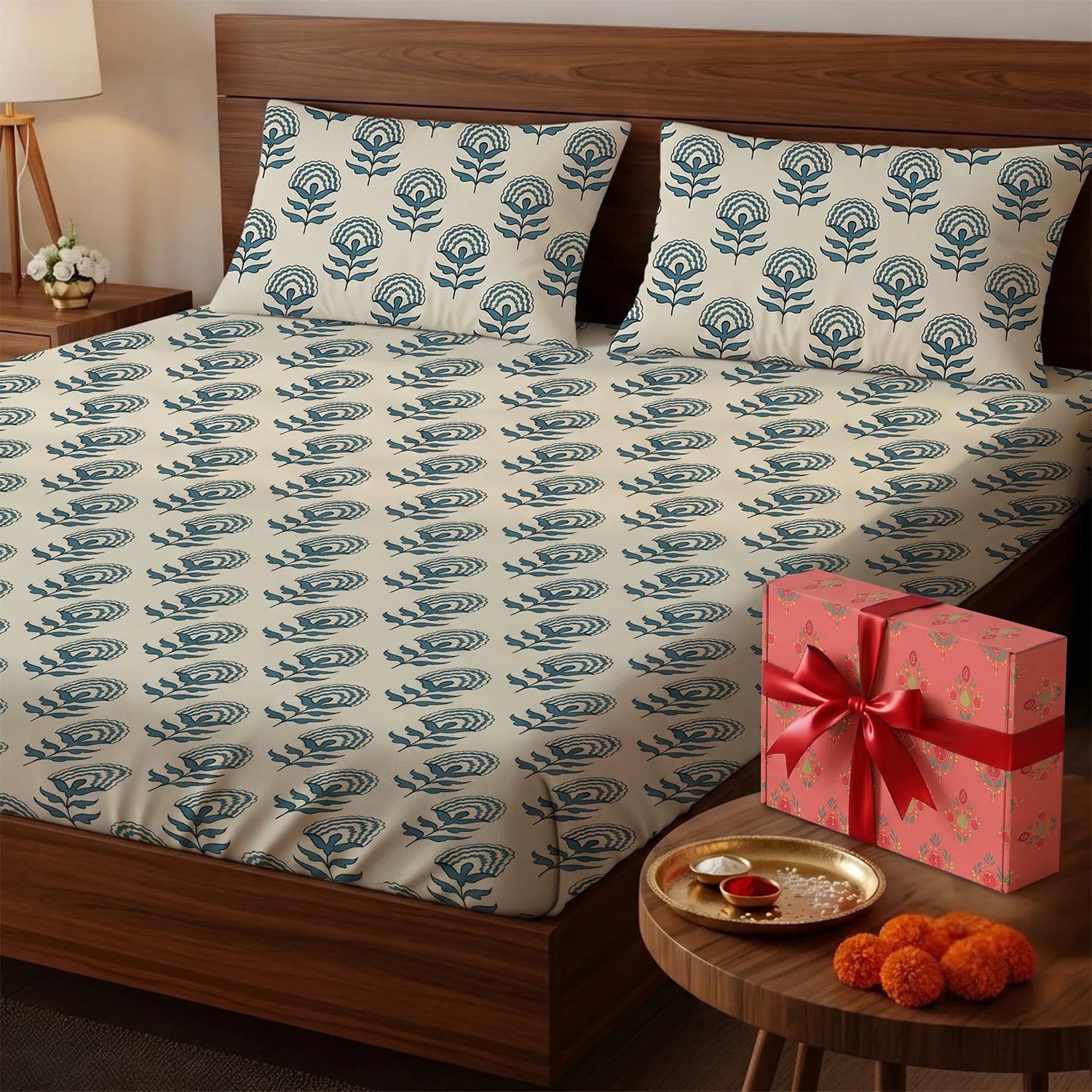 200 TC 100% Cotton Bedsheet Set in Gift Box - Floralbell Blue