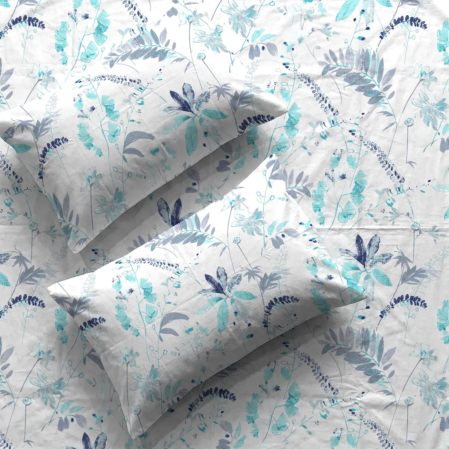 Serene 200 TC 100% Cotton Bedsheet with Pillow Covers - Floral Feast Turquoise