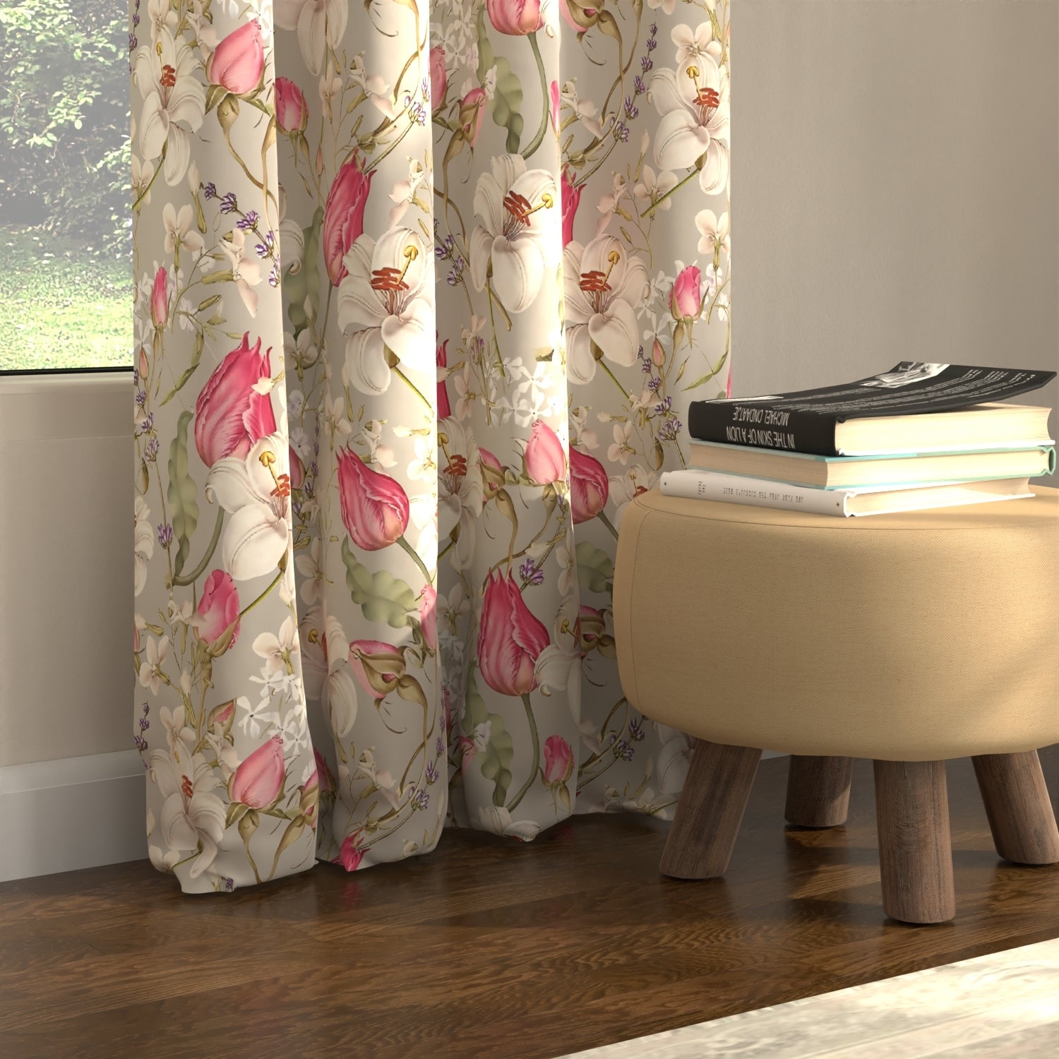 Blackout Curtains, Digital Printed Curtains, Pack of 2 Curtains - Flora Nova Grey
