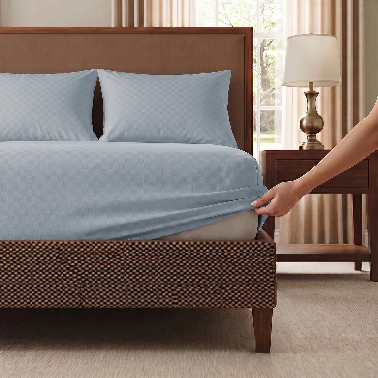 Fitted King Size 300 TC Super Soft Bedsheet, Self Woven Cubes Design - Greyish Blue Cubes