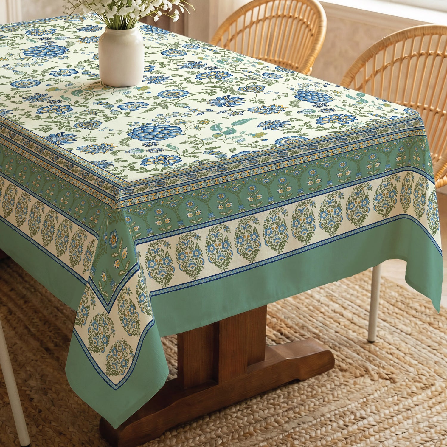 100% Cotton Table cloth/ table cover for 4 or 6 seater Dining / Centre Table - Gulbagh Sage Green