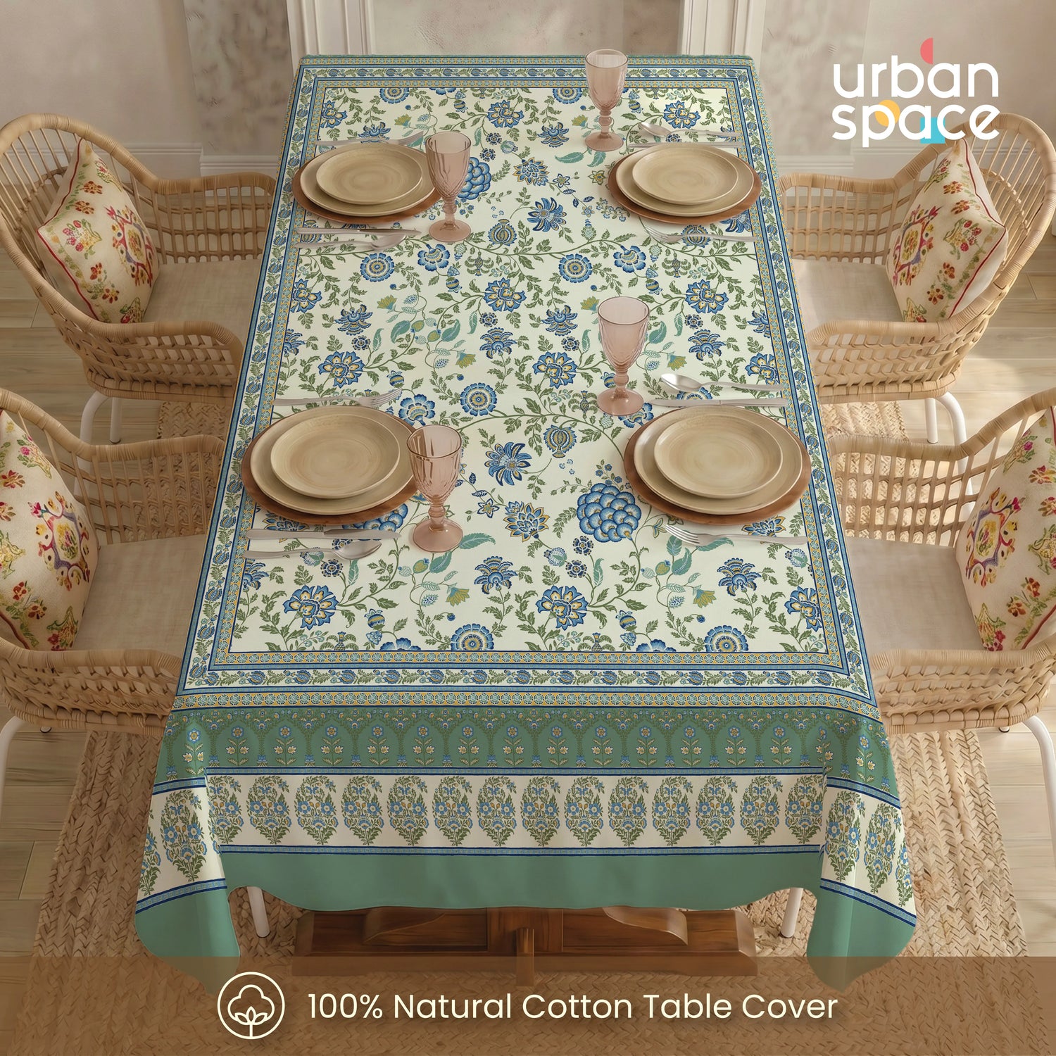 100% Cotton Table cloth/ table cover for 4 or 6 seater Dining / Centre Table - Gulbagh Sage Green