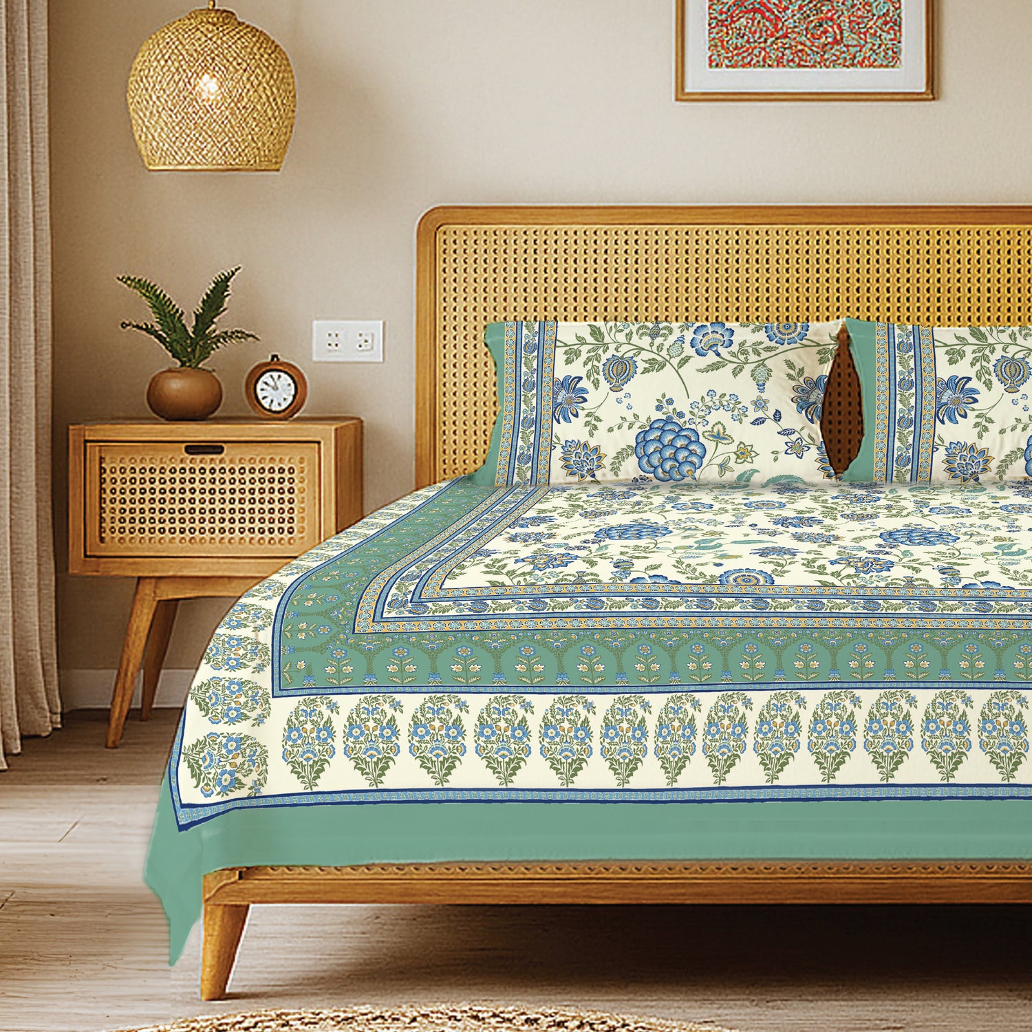 Rajasthani Ethnic 100% Cotton Bedsheet with 2 Pillow Covers, King Bed - Gulbagh Sage Green